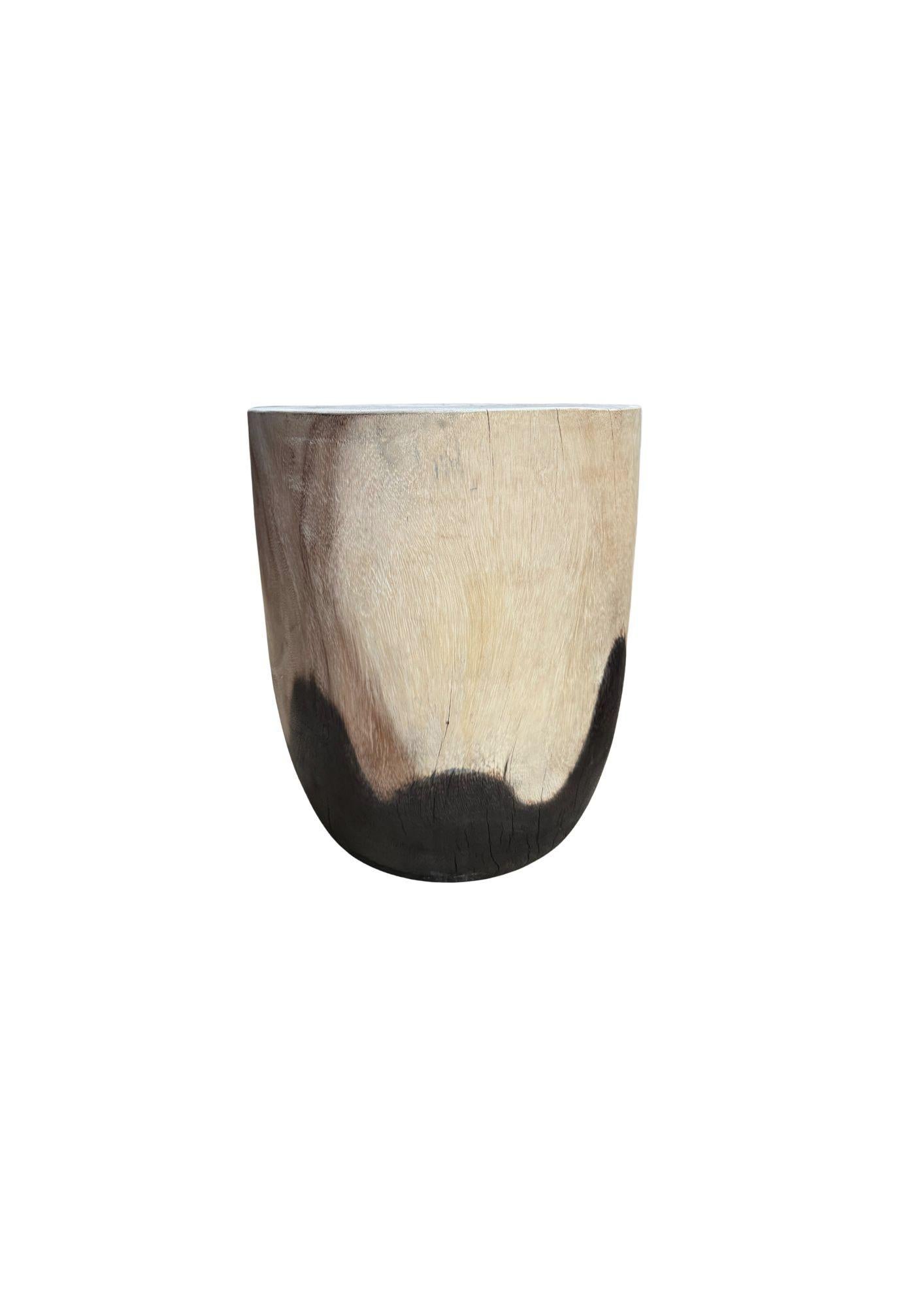 Contemporary Solid Mango Wood Round Side Table, Modern Organic, Natural & Burnt Finish For Sale