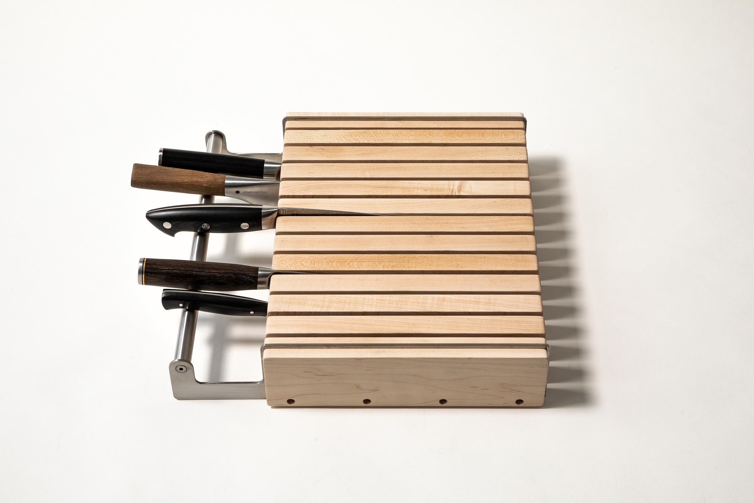 American Solid Maple and Stainless Steel Knife Block - holds knives up to 10
