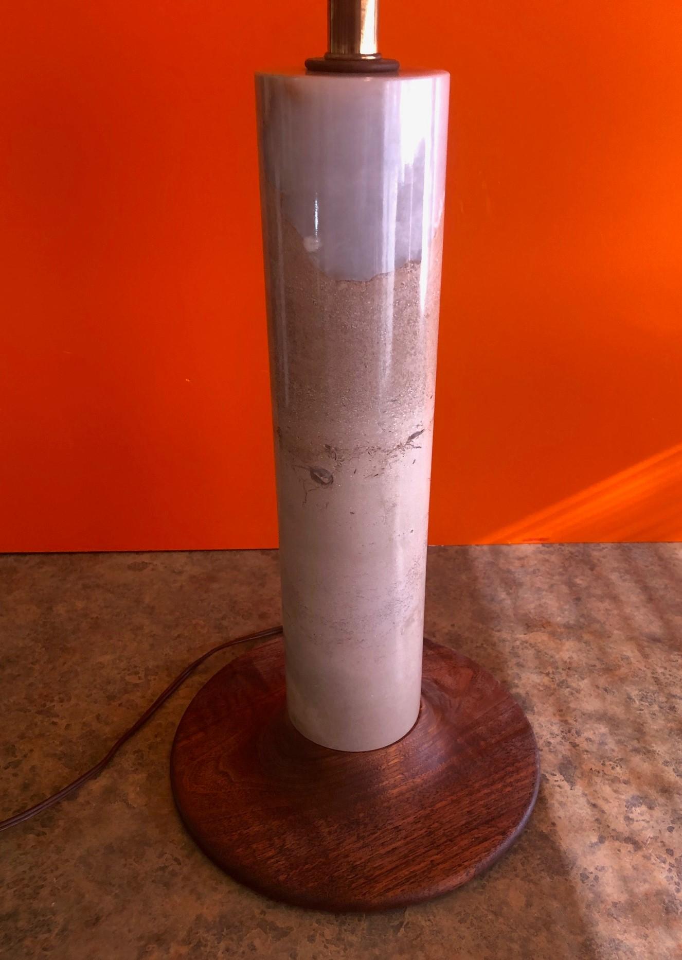 Mid-Century Modern Solid Marble and Teak Column Table Lamp For Sale