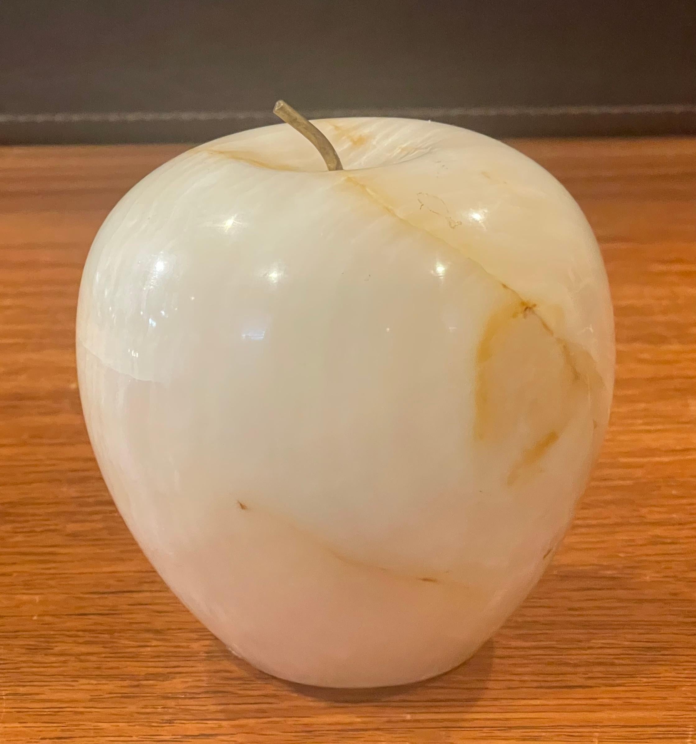 Mid-Century Modern Solid Marble Apple Paperweight with Brass Stem