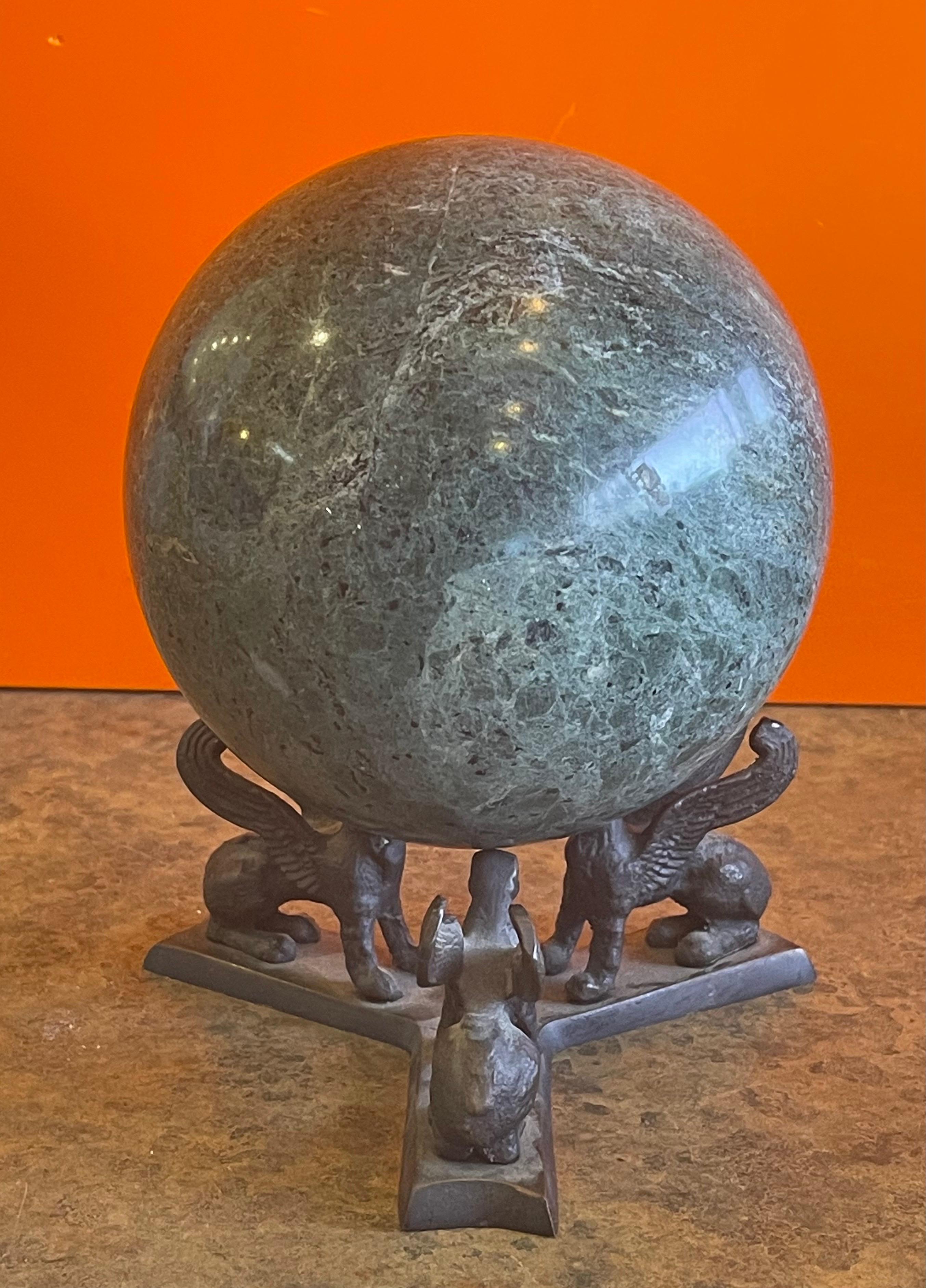 Mid-Century Modern Solid Marble Decorative Sphere on Bronze Griffin Base