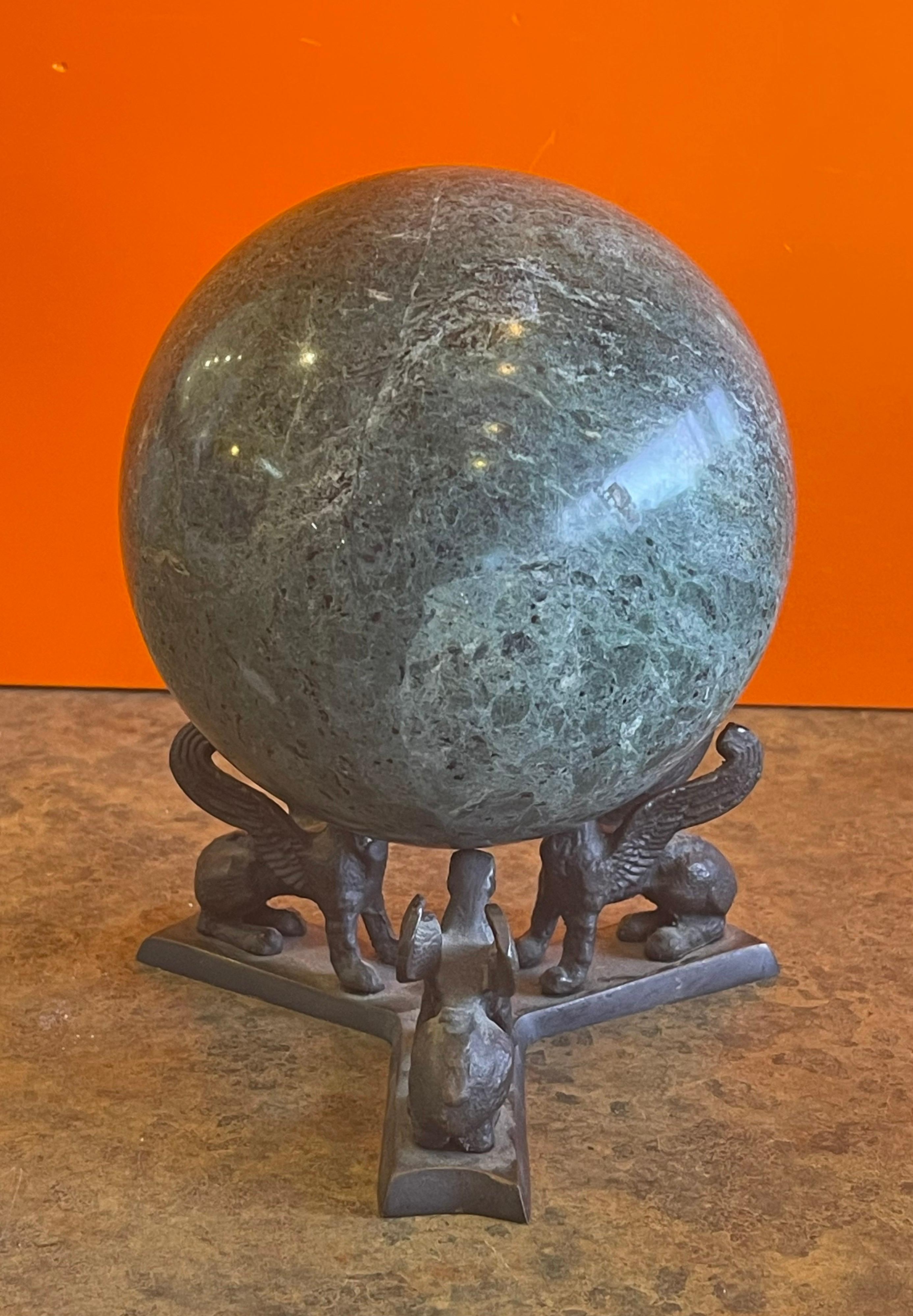 North American Solid Marble Decorative Sphere on Bronze Griffin Base