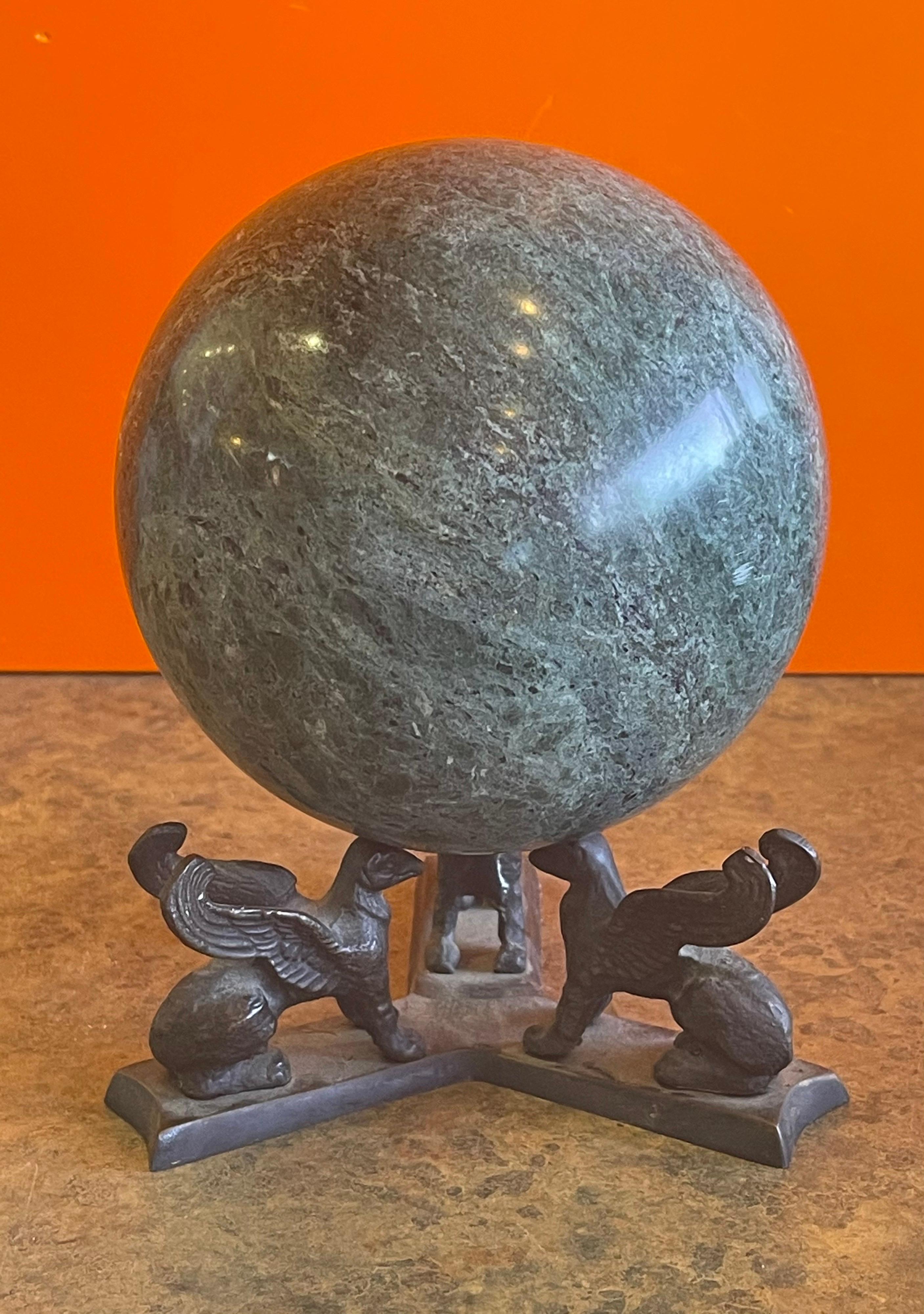 Solid Marble Decorative Sphere on Bronze Griffin Base In Good Condition In San Diego, CA