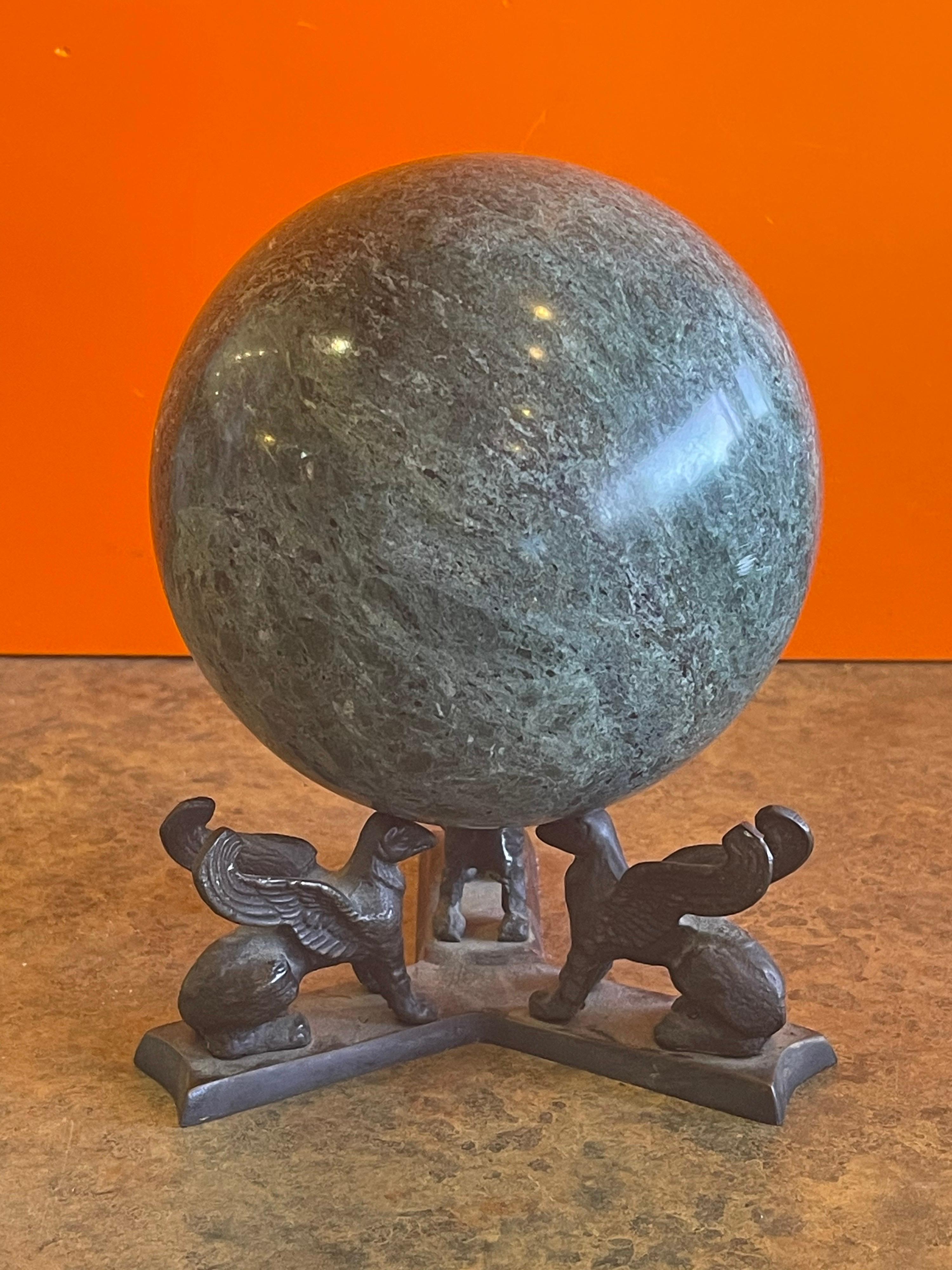 20th Century Solid Marble Decorative Sphere on Bronze Griffin Base