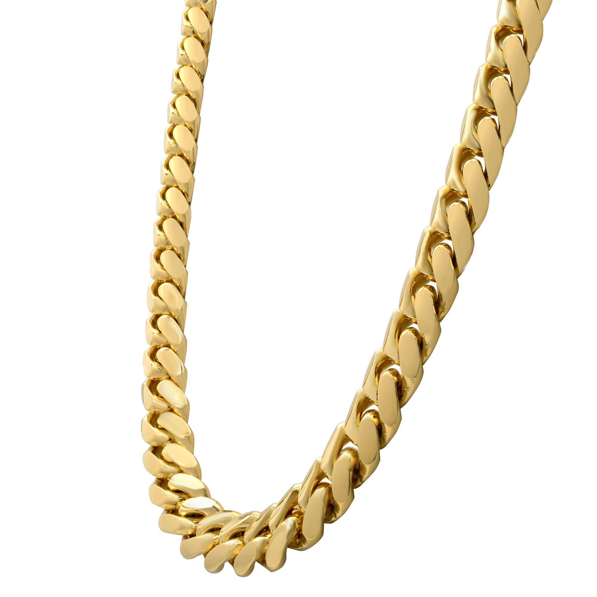 This Miami Cuban link chain is handcrafted in highly gleaming 14K yellow gold. Solid gold. The chain measures 24 inches in length and 9.5 mm in width. Weighing approximately 173.00 grams. This chain securely locks with a durable box clasp with two