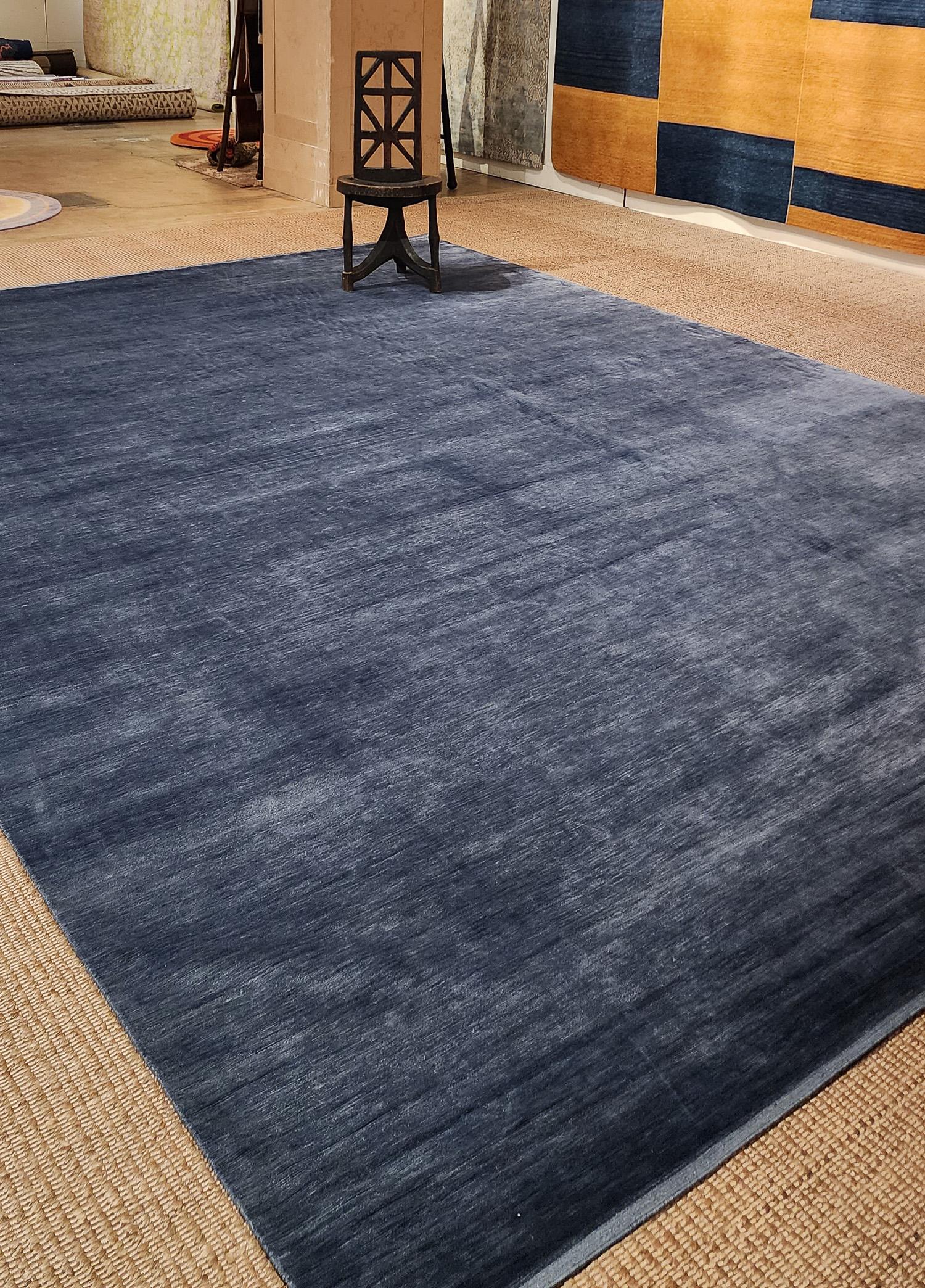 Solid Modern Blue Silk Area Rug With Wool End Panel 10'x14' by Joseph Carini For Sale 5