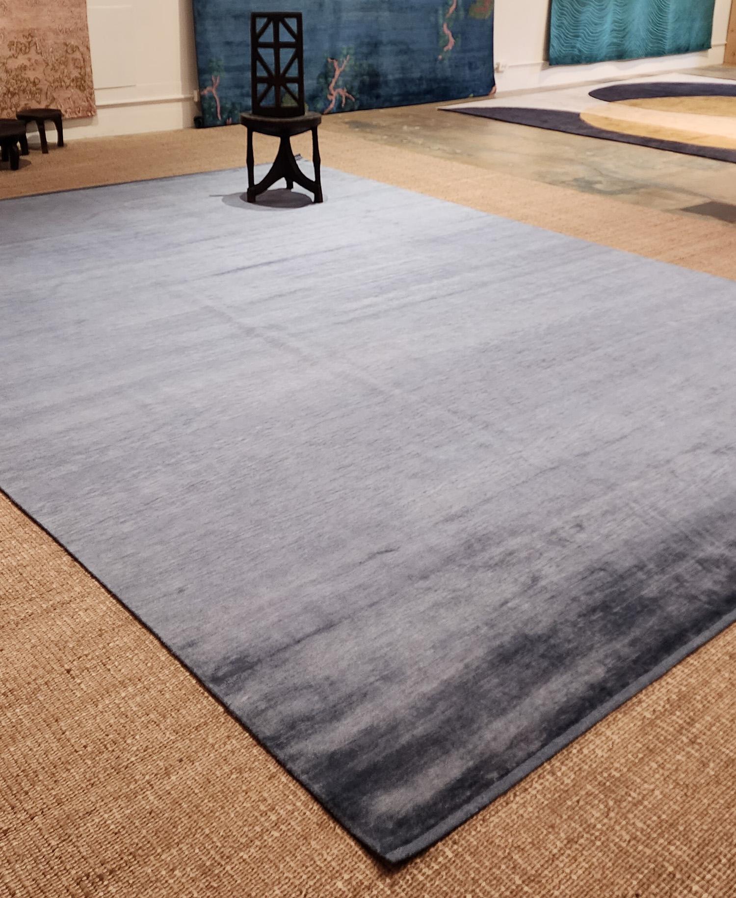 Solid Modern Blue Silk Area Rug With Wool End Panel 10'x14' by Joseph Carini For Sale 6