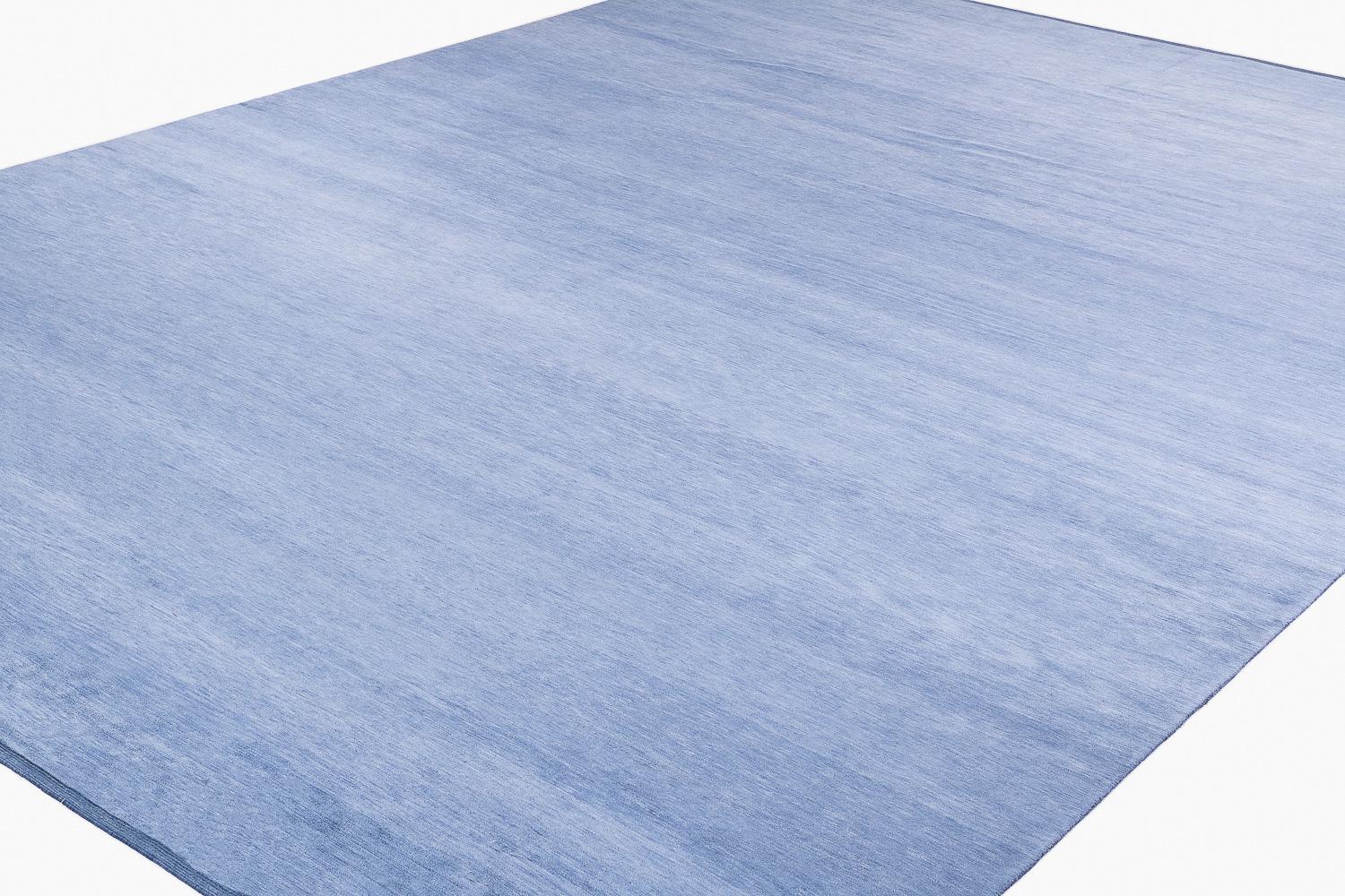 Nepalese Solid Modern Blue Silk Area Rug With Wool End Panel 10'x14' by Joseph Carini For Sale