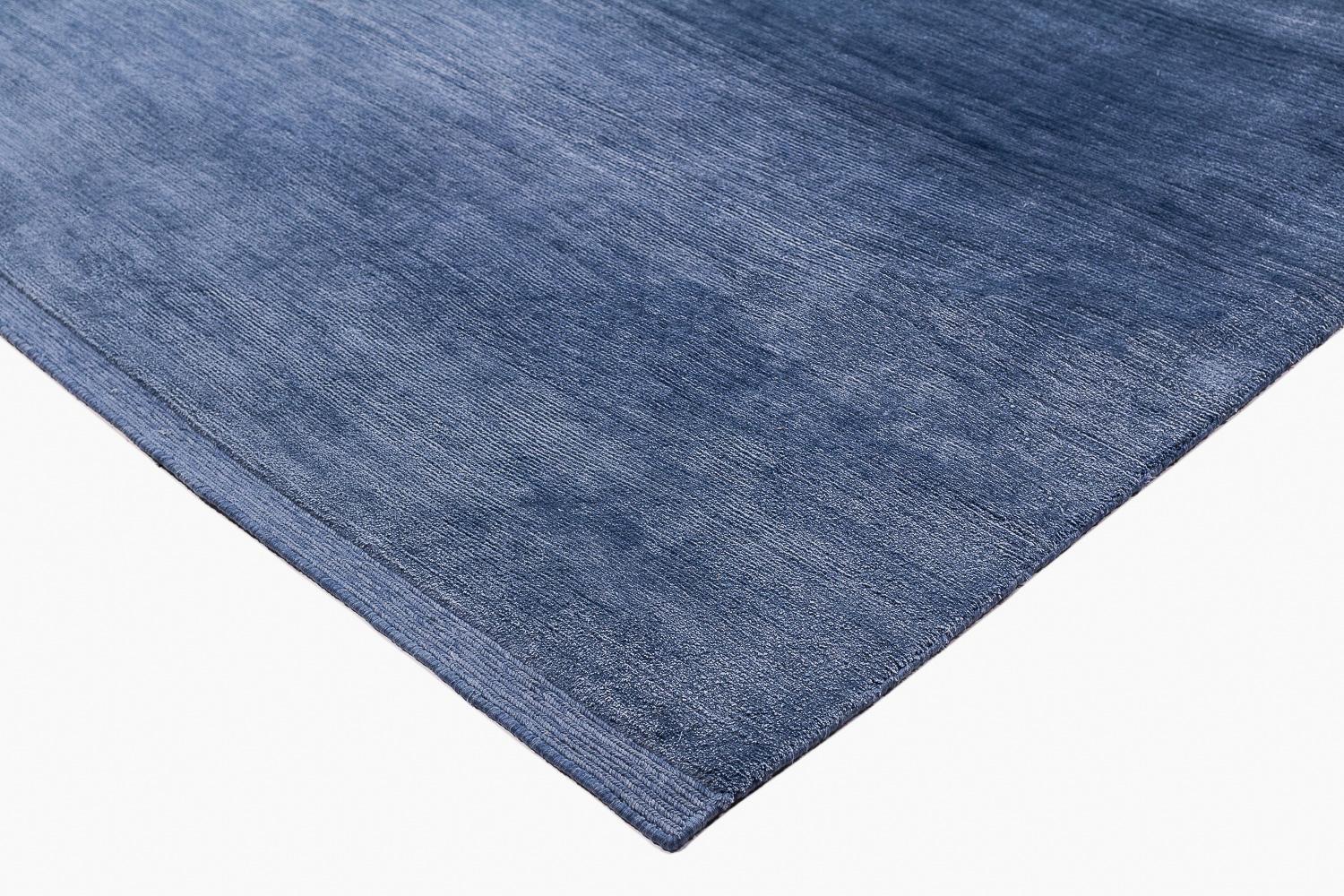Hand-Knotted Solid Modern Blue Silk Area Rug With Wool End Panel 10'x14' by Joseph Carini For Sale