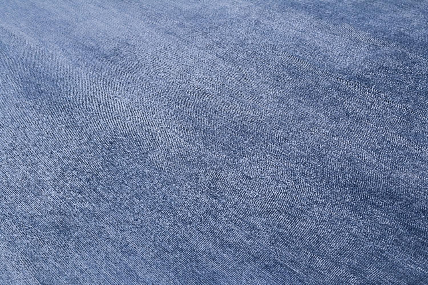 Solid Modern Blue Silk Area Rug With Wool End Panel 10'x14' by Joseph Carini For Sale 2