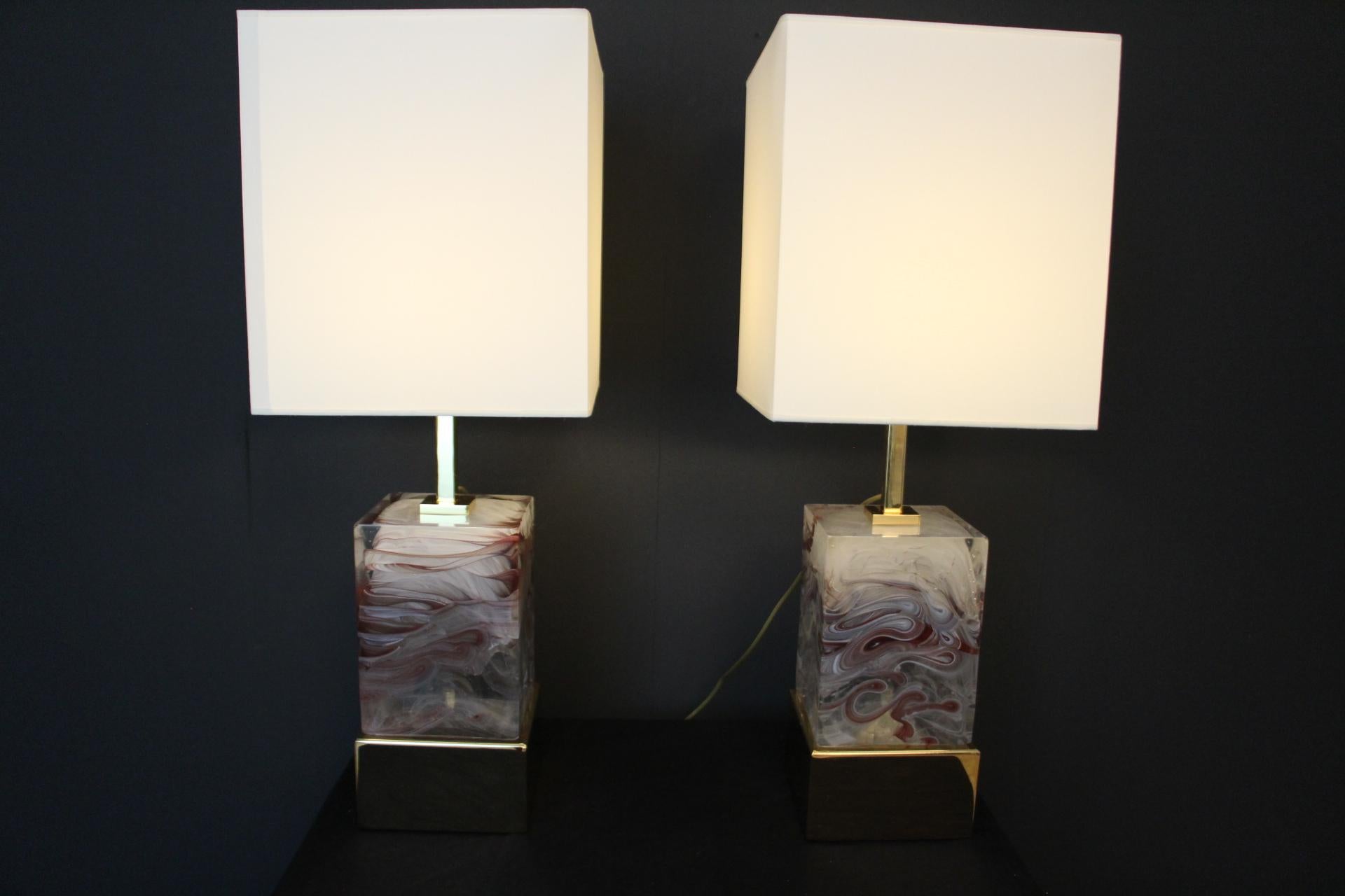 Solid Murano Glass Block Pair Of Table Lamps For Sale 4