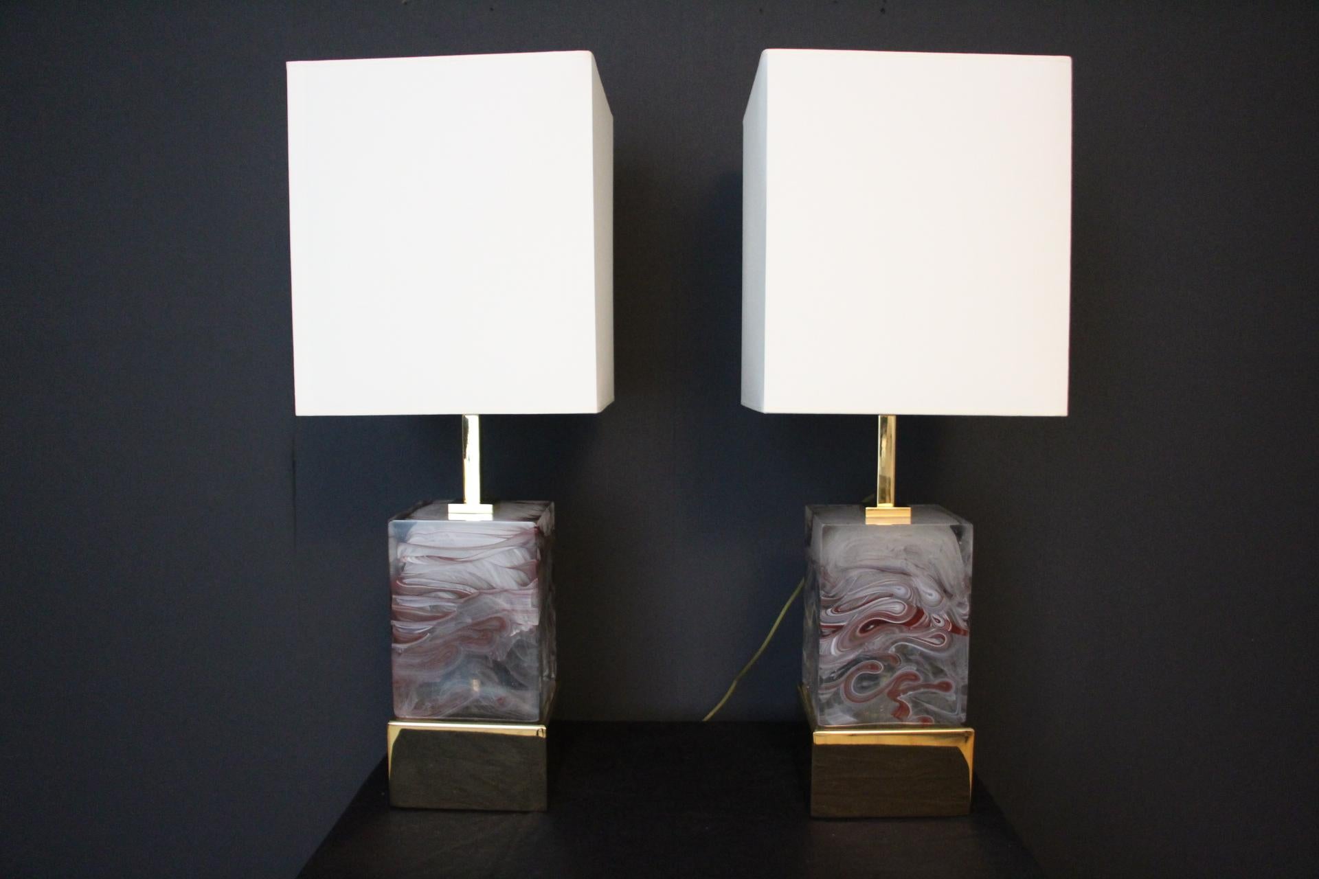Solid Murano Glass Block Pair Of Table Lamps For Sale 9