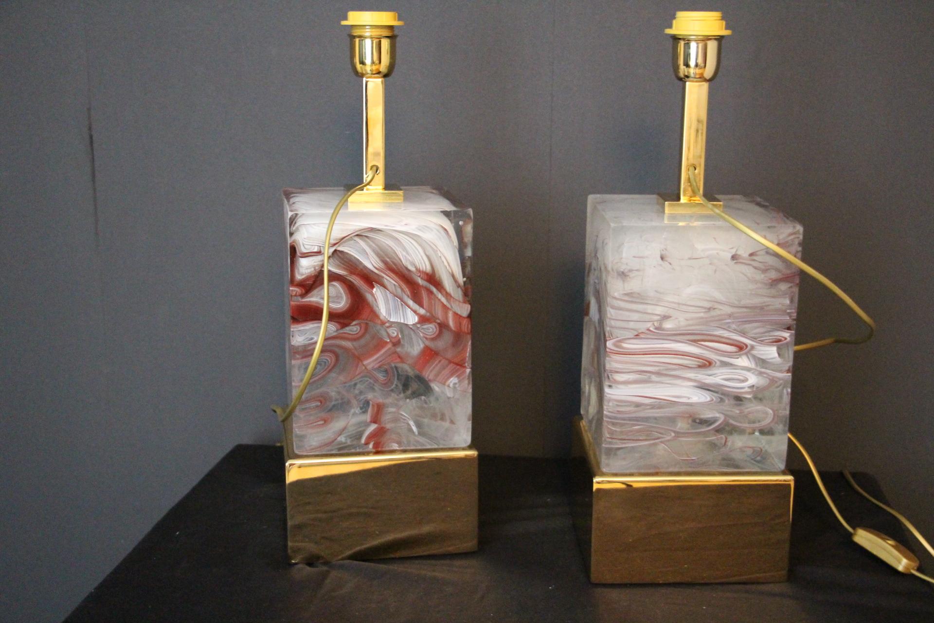 Modern Solid Murano Glass Block Pair Of Table Lamps For Sale