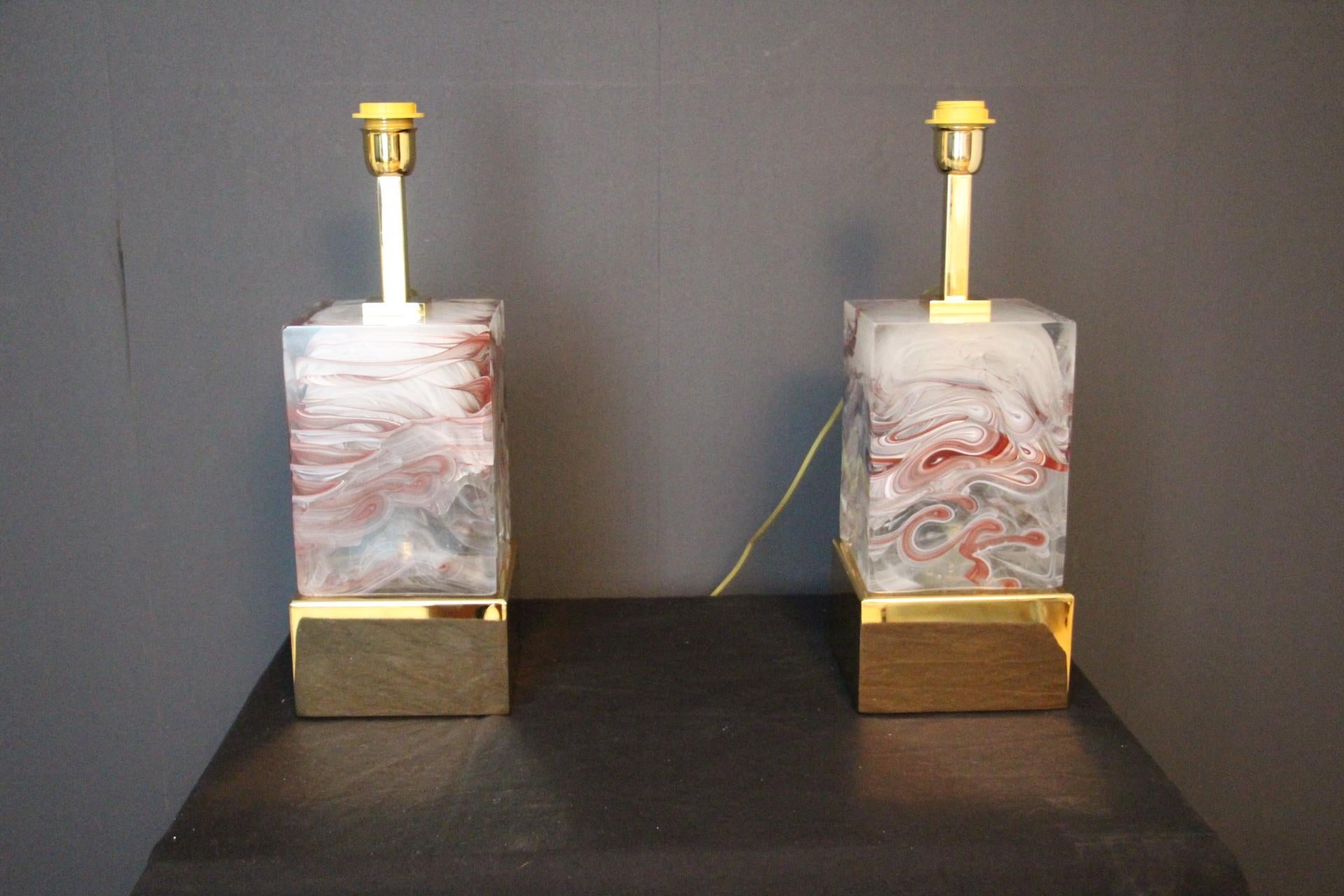 Italian Solid Murano Glass Block Pair Of Table Lamps For Sale