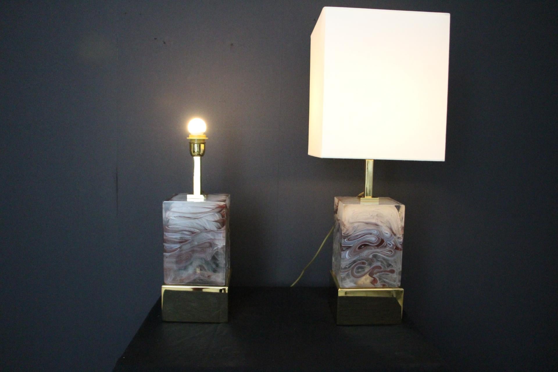 Solid Murano Glass Block Pair Of Table Lamps Excellent état - En vente à Saint-Ouen, FR