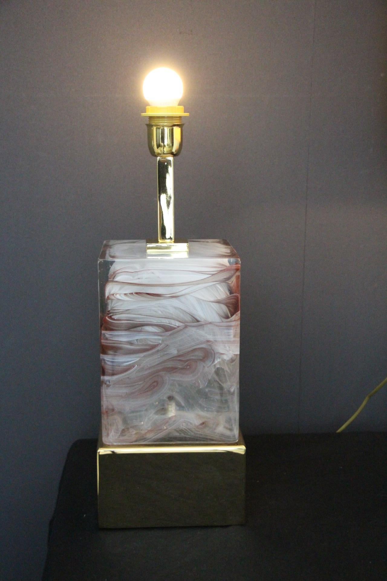 Contemporary Solid Murano Glass Block Pair Of Table Lamps For Sale