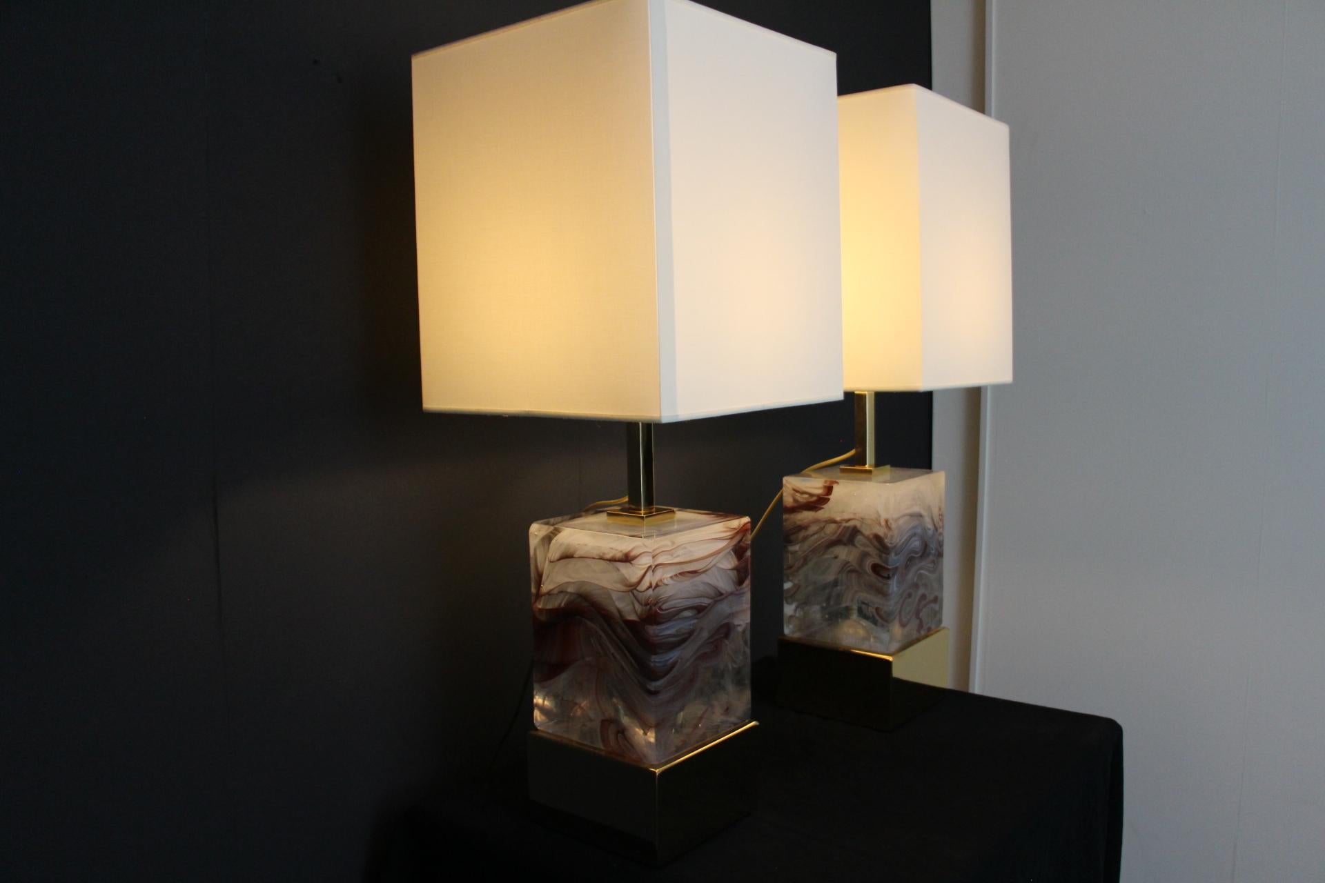 Solid Murano Glass Block Pair Of Table Lamps For Sale 2