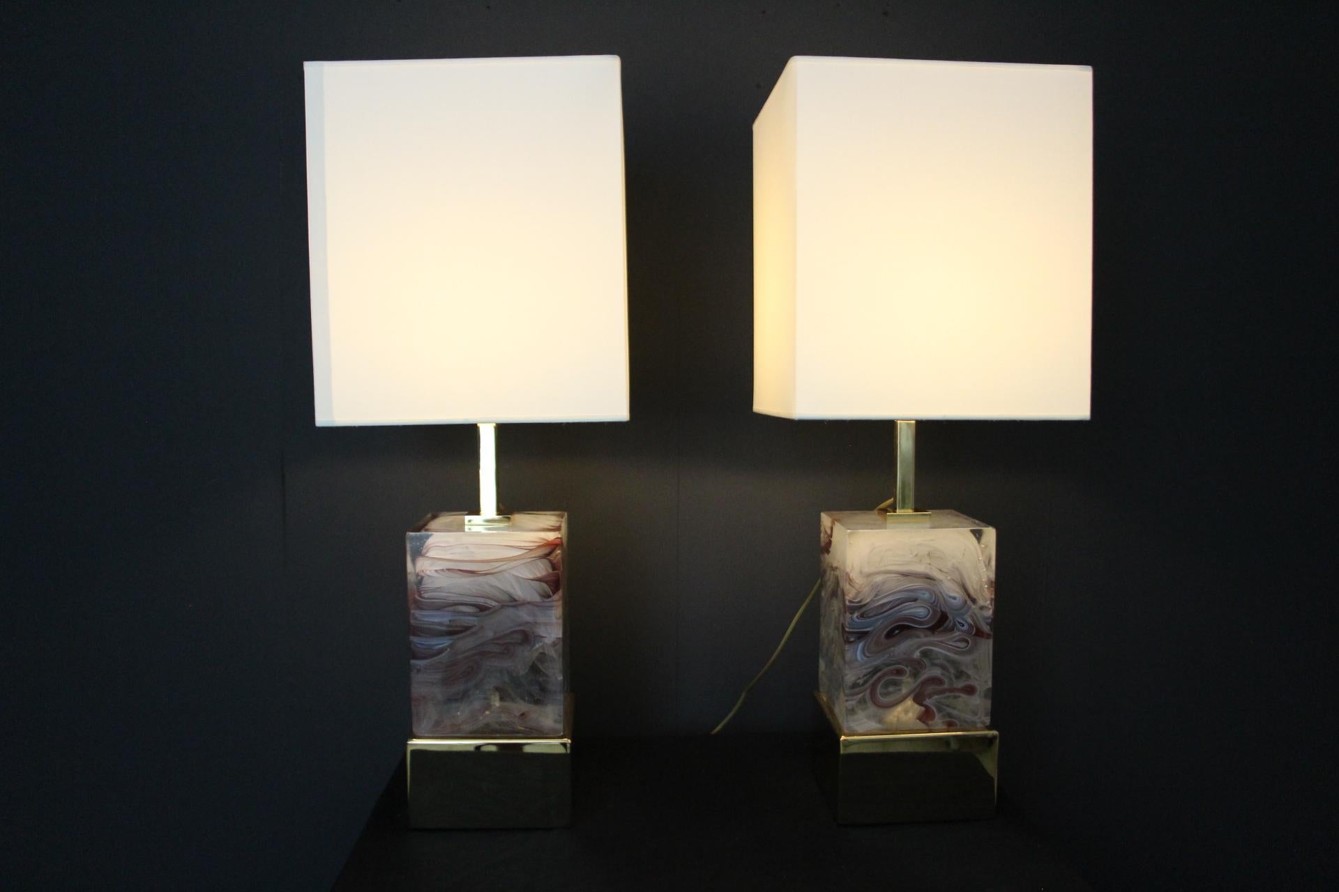 Solid Murano Glass Block Pair Of Table Lamps For Sale 3