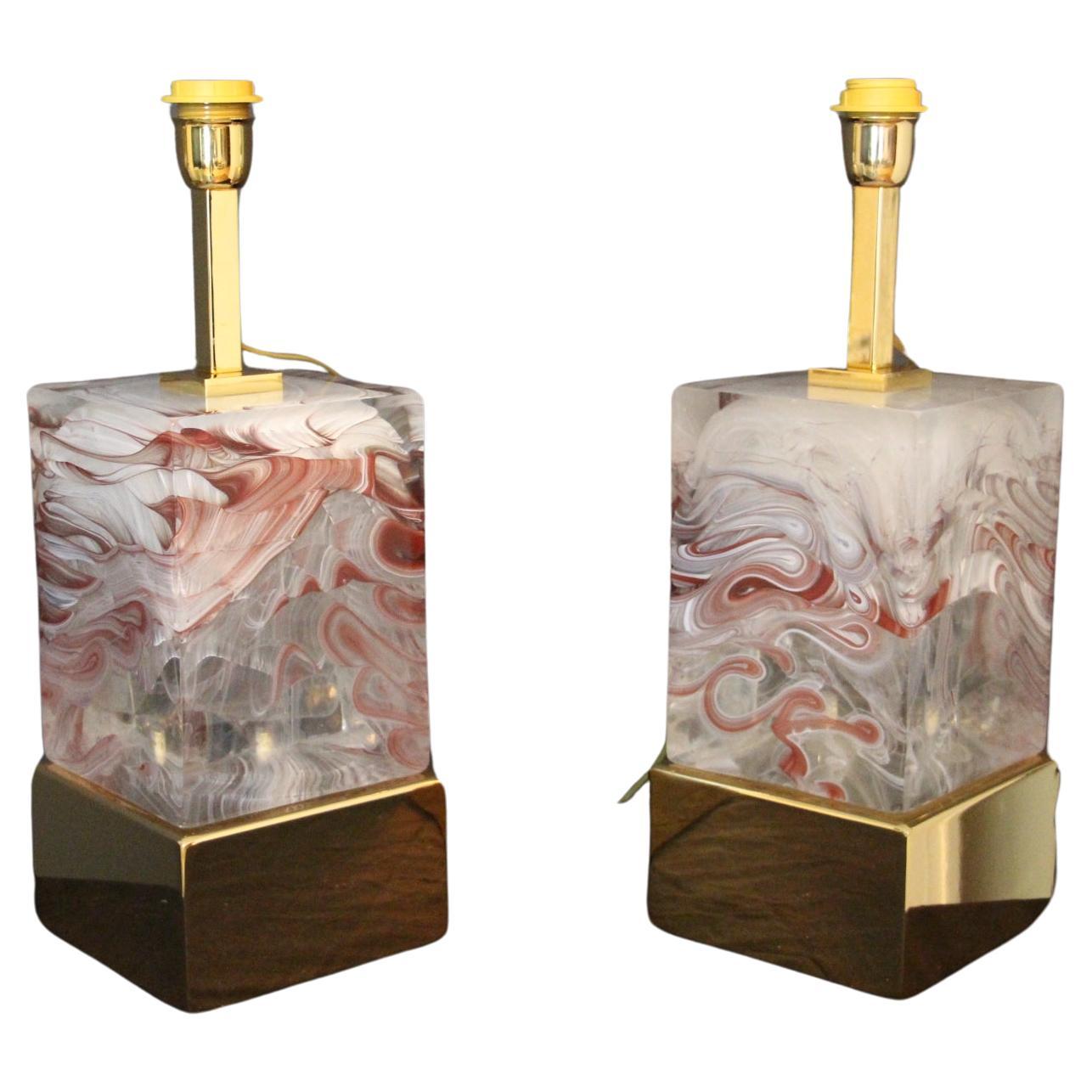 Solid Murano Glass Block Pair Of Table Lamps For Sale