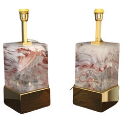 Solid Murano Glass Block Pair Of Table Lamps