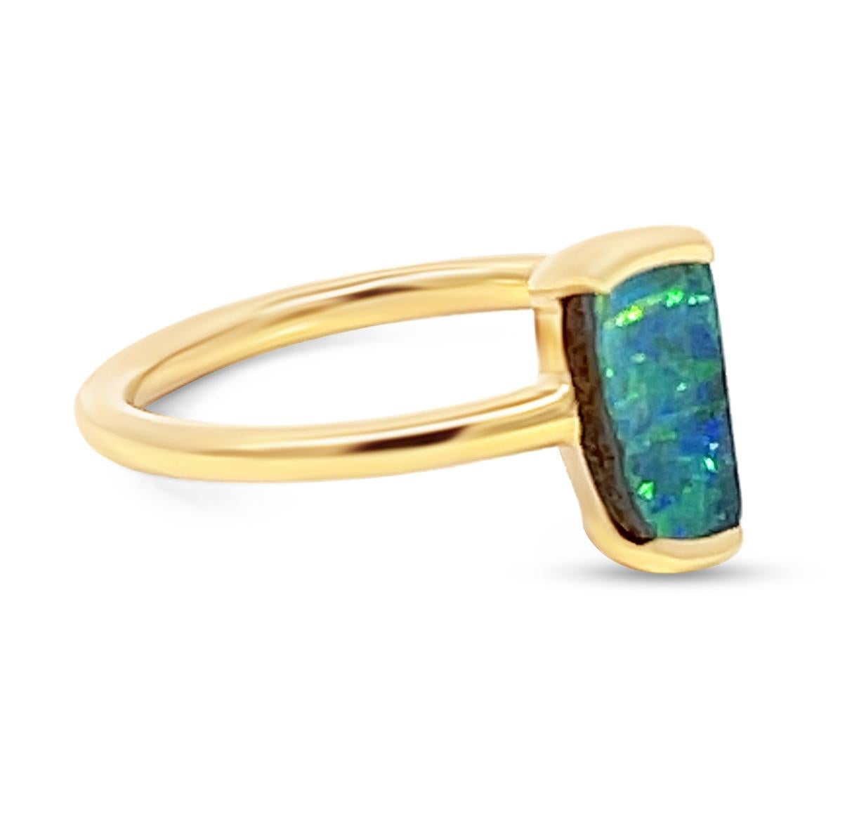 Cabochon Solid Natural Untreated Australian 1.35ct Boulder Opal Ring in 18k Yellow Gold  For Sale