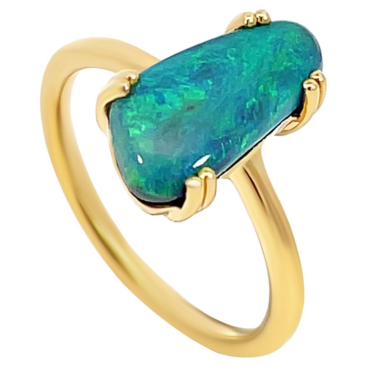 Solid Natural Untreated Australian 13.95 Black Opal Ring 18k Yellow Gold 
