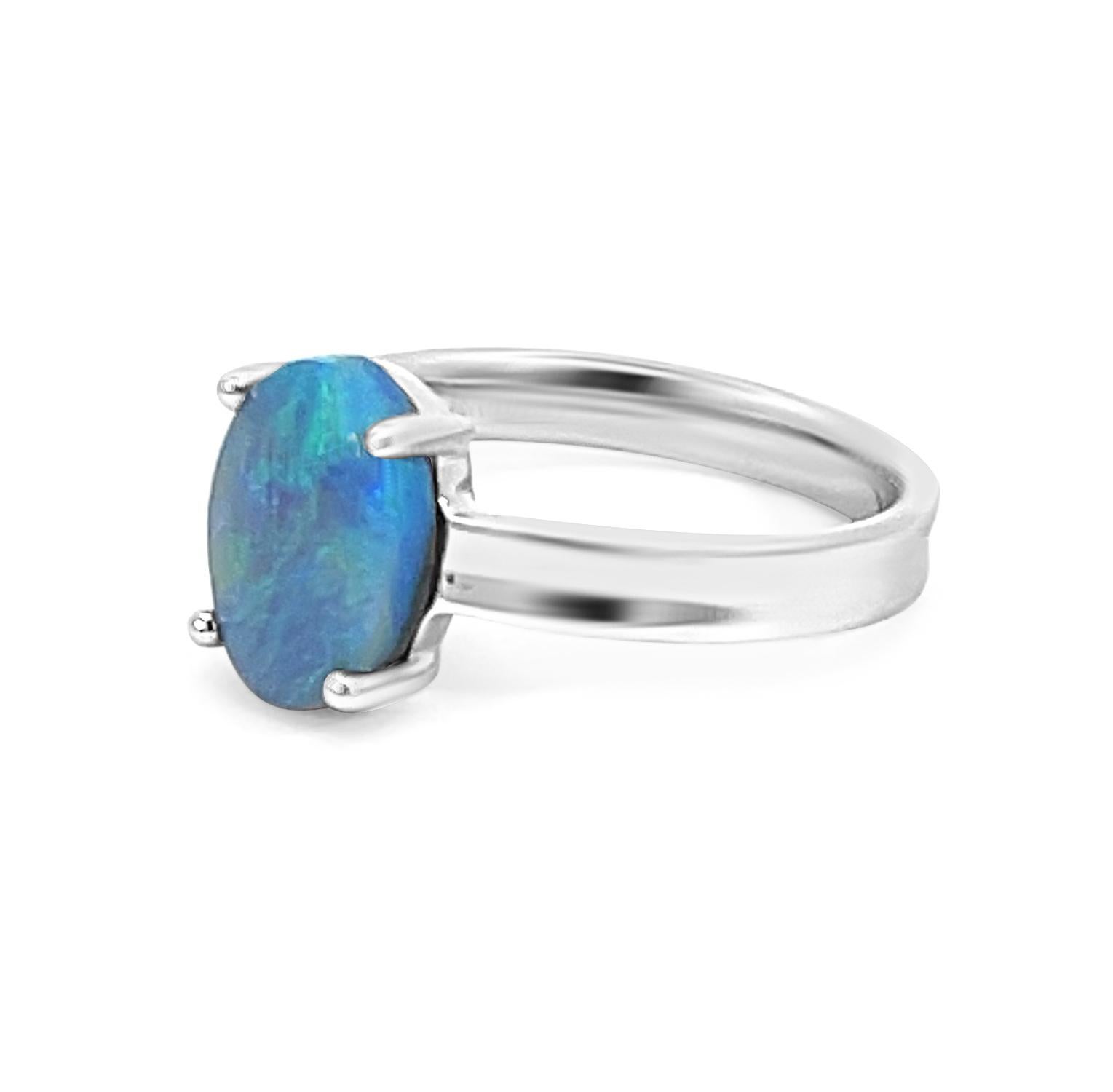 Cabochon Solid Natural Untreated Australian 2.16ct Black Opal Ring 18k White Gold For Sale