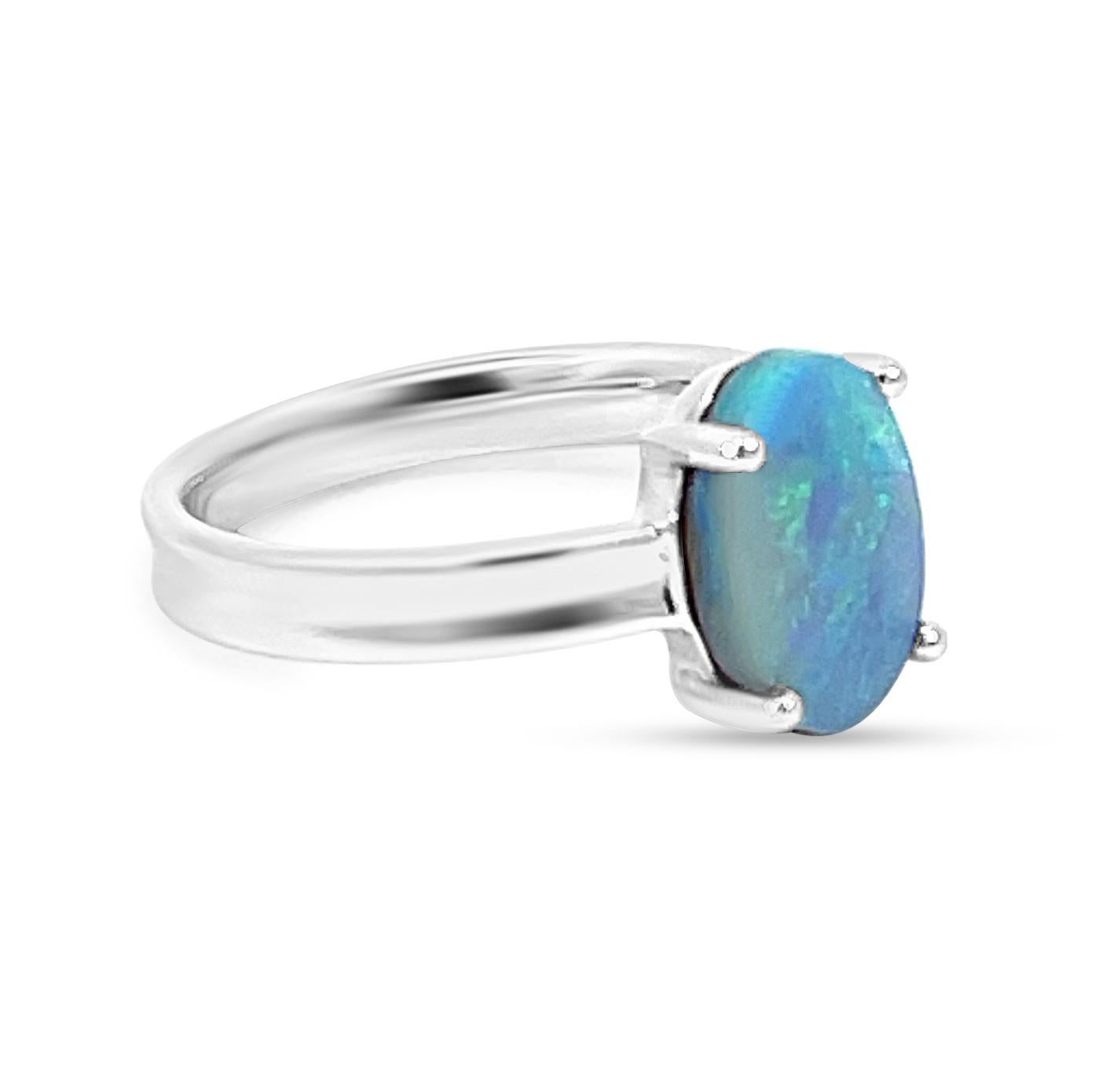 Cabochon Solid Natural Untreated Australian 2.16ct Black Opal Ring 18k White Gold  For Sale
