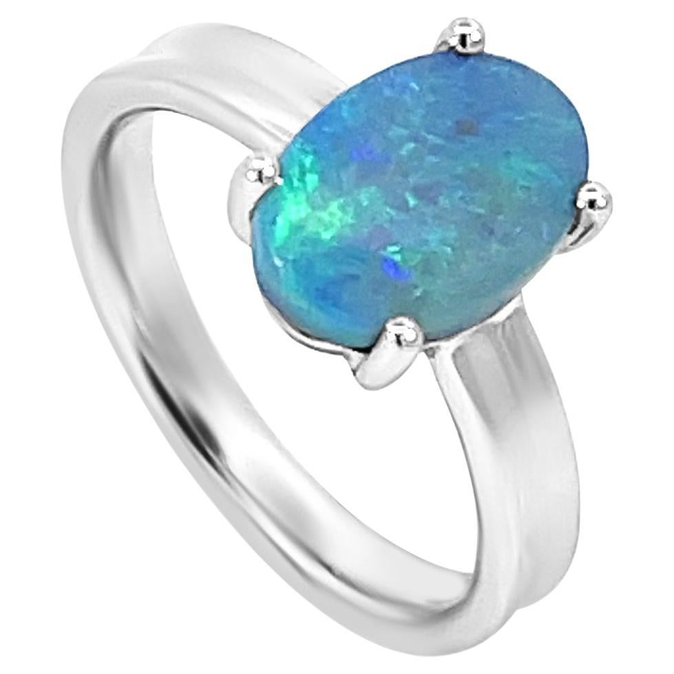 Solid Natural Untreated Australian 2.16ct Black Opal Ring 18k White Gold  For Sale