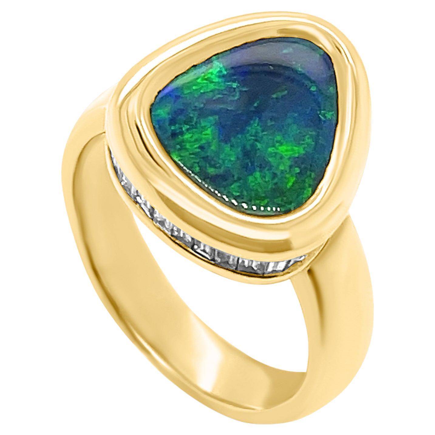 Solid Natural Untreated Australian 2.57ct Black Opal Ring in 18k Yellow Gold  For Sale