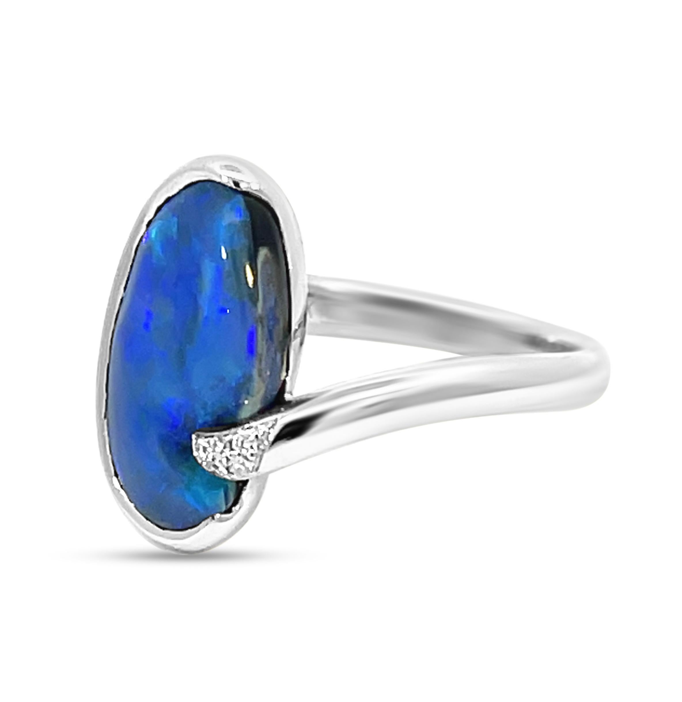 Cabochon Solid Natural Untreated Australian 3.85ct Black Opal Ring in 18k White Gold  For Sale