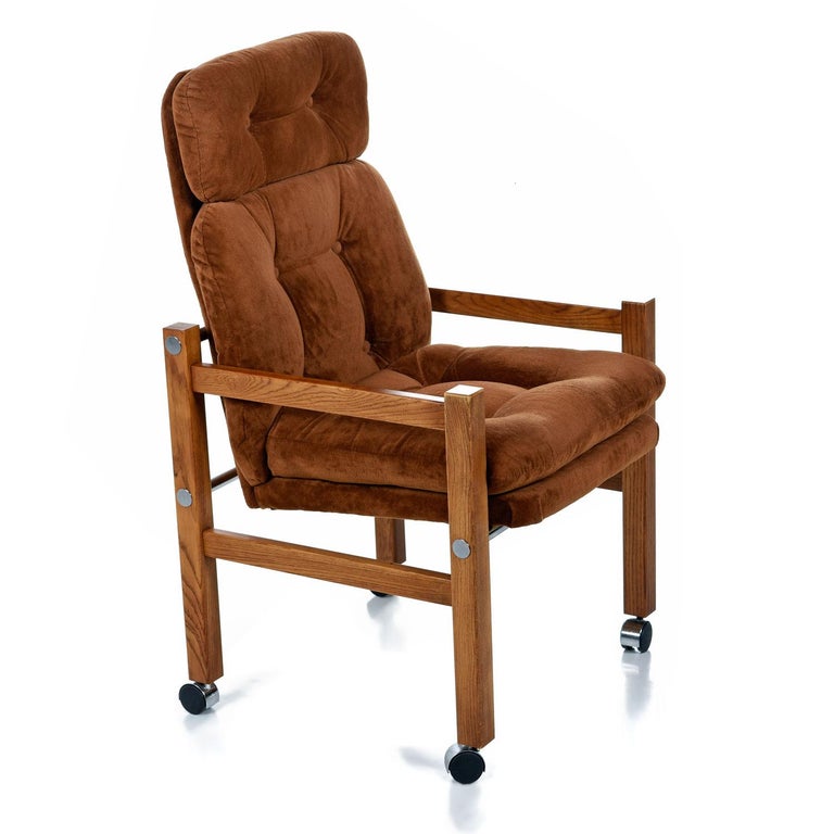 Solid Oak 1970s Modern Tufted Velour High Back Armchairs with Chrome