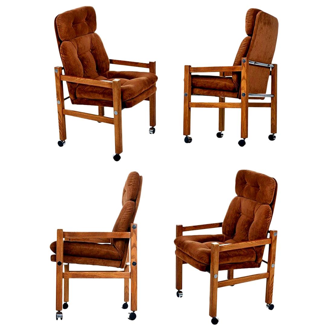 Solid Oak 1970s Modern Tufted Velour High Back Armchairs with Chrome Accents