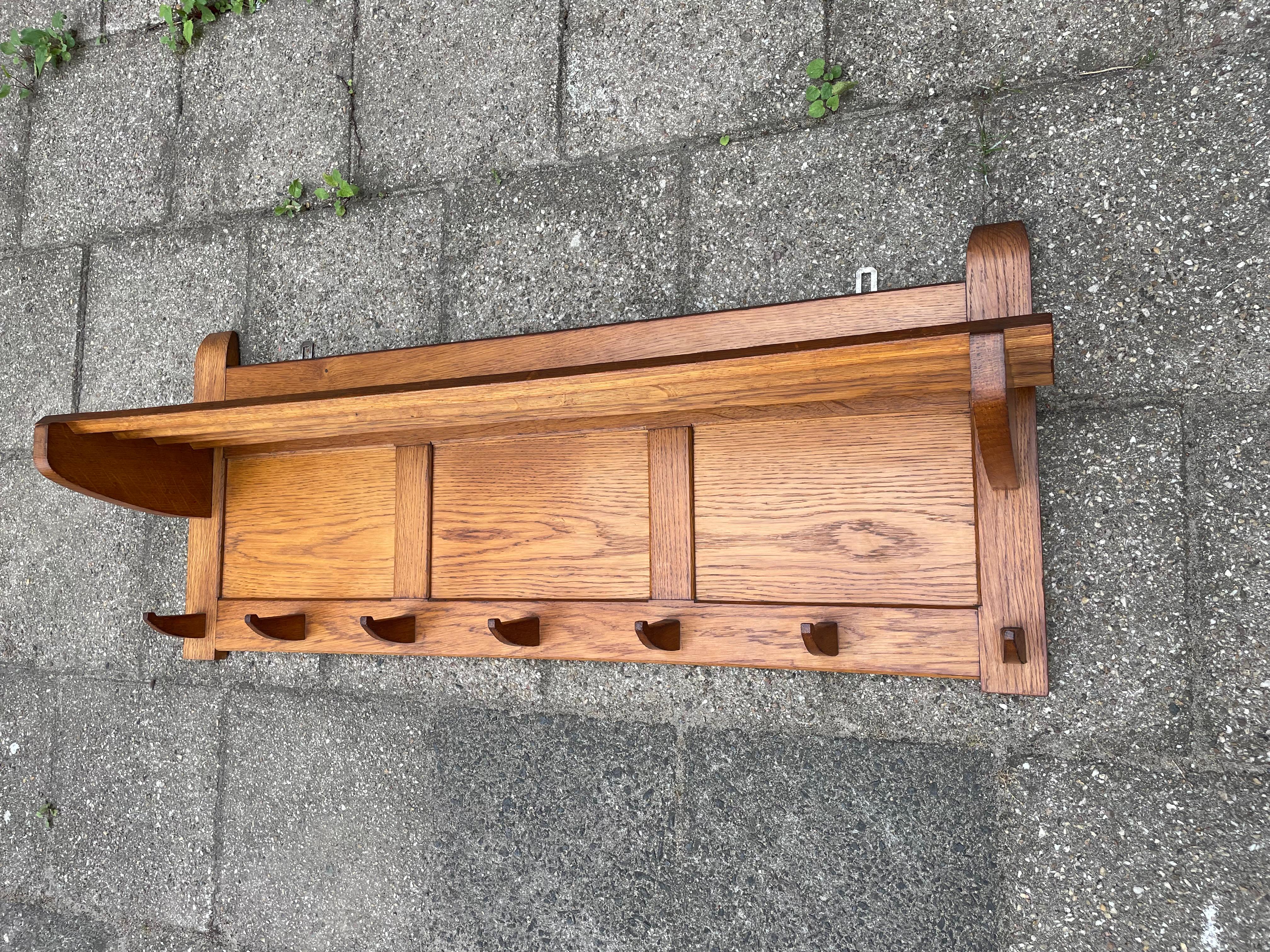 Solid Oak and All Hand-Crafted Dutch Arts & Crafts Wall Coat Rack with Hat Rack For Sale 6