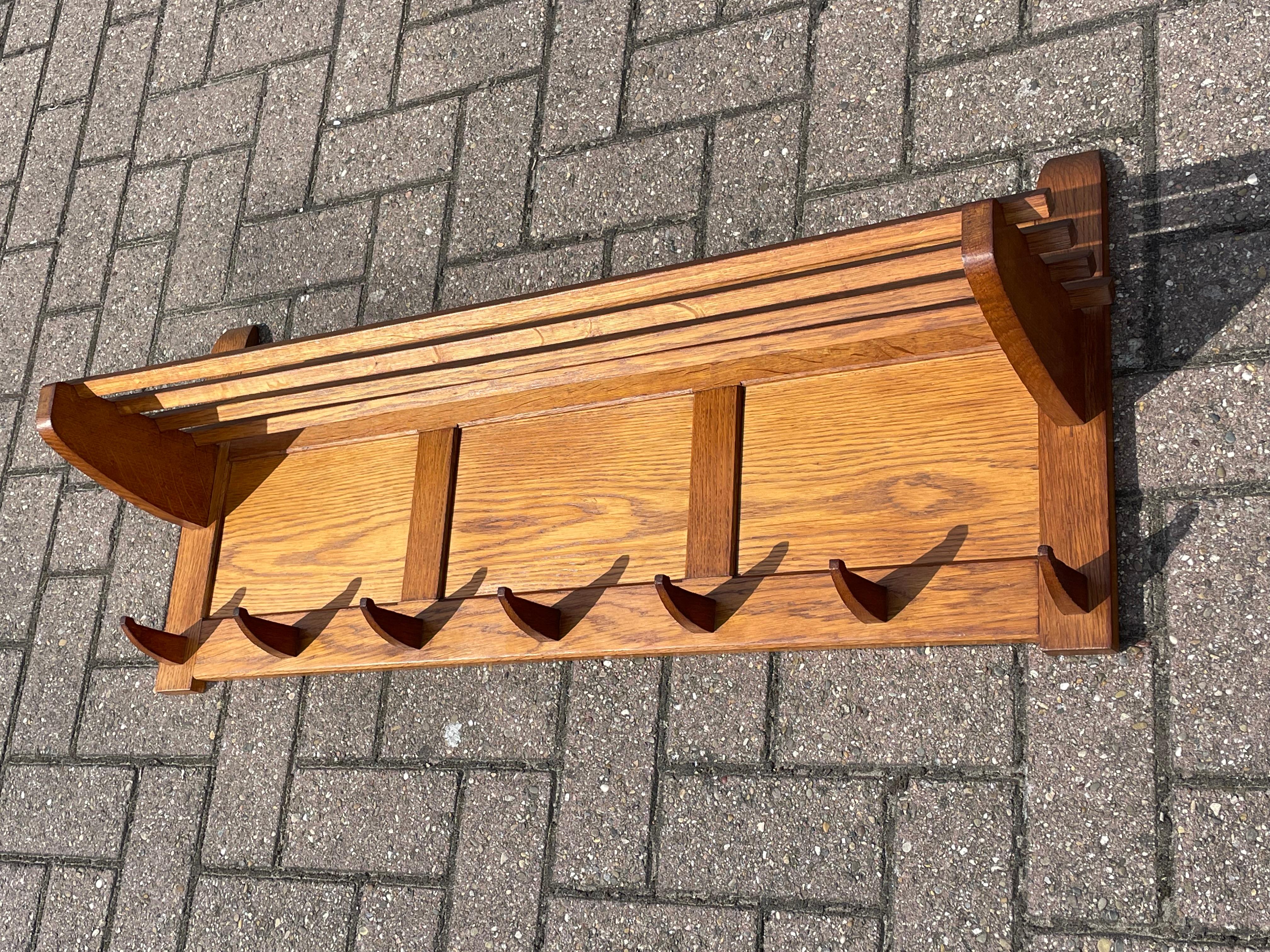 Solid Oak and All Hand-Crafted Dutch Arts & Crafts Wall Coat Rack with Hat Rack For Sale 12