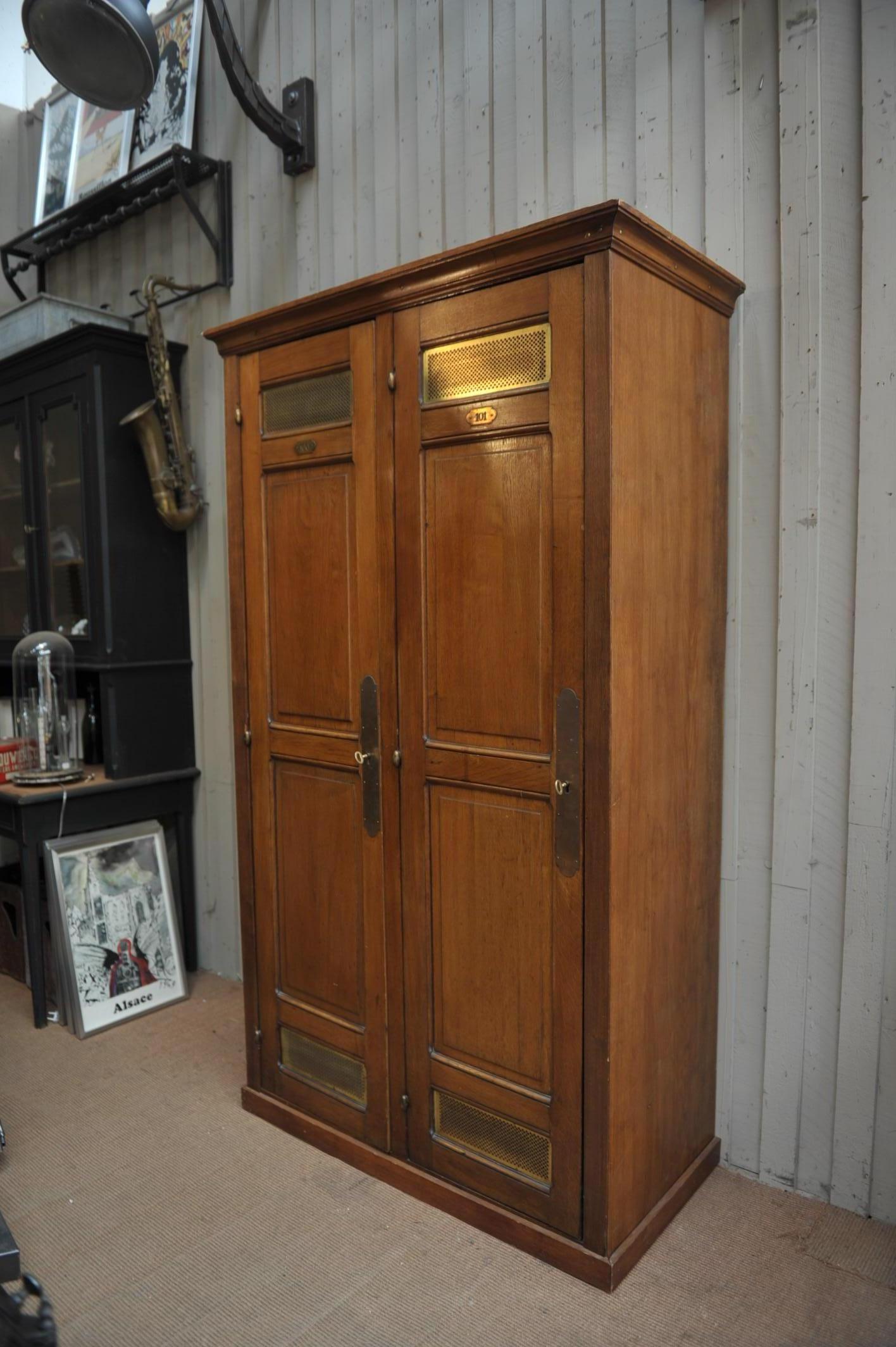 French Solid Oak and Brass Banque De France Cupboard Cabinet, circa 1900