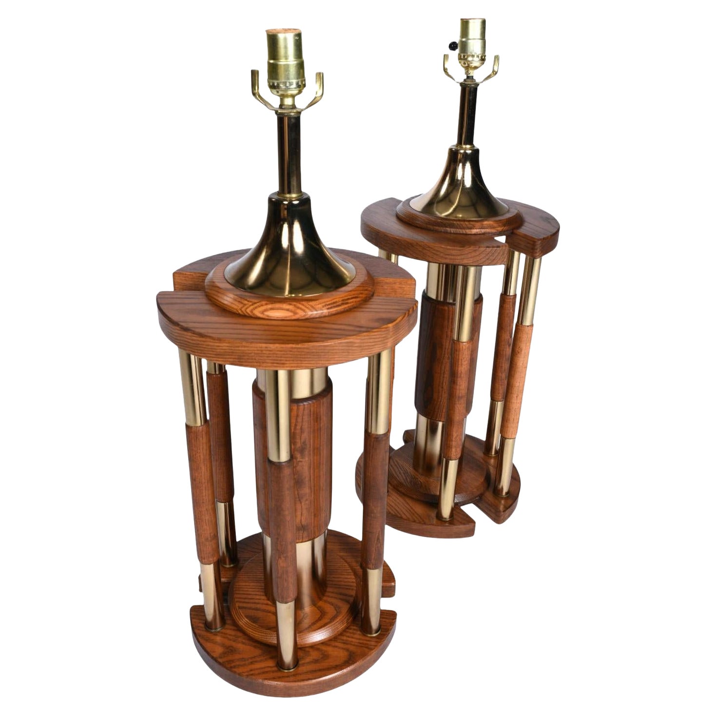 Solid Oak and Brass Pillar Table Lamps, Mid-Century Modern, USA, 1970s For Sale
