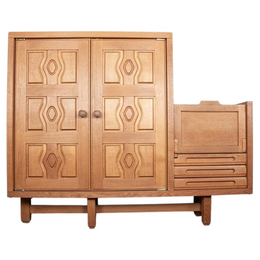 Solid oak and Danikowski faience tile double sideboard by Guillerme et Chambron. For Sale