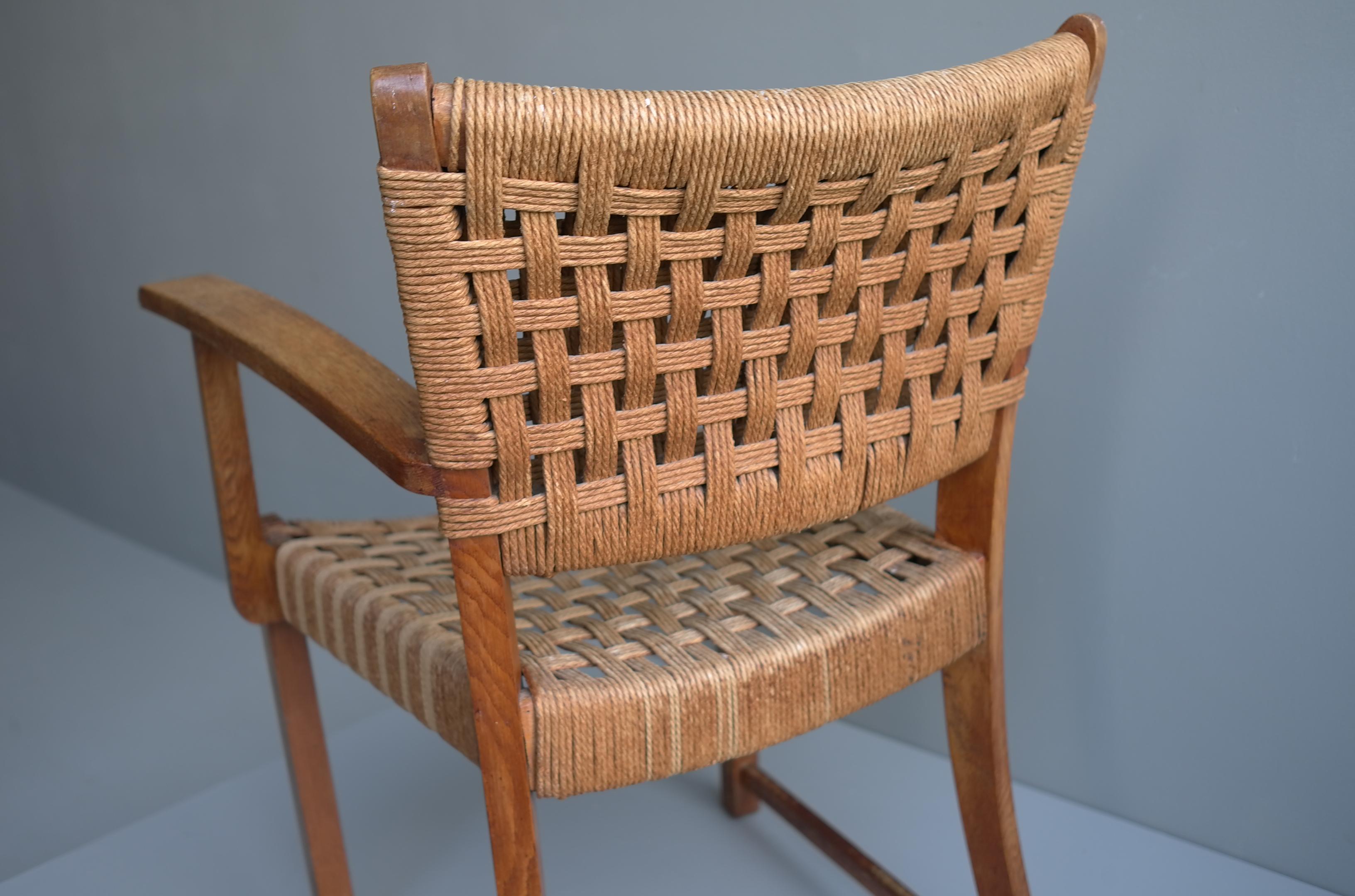 Sillón de roble macizo y cuerda, Moderno de mediados de siglo, Francia, Años 50 Francés en venta