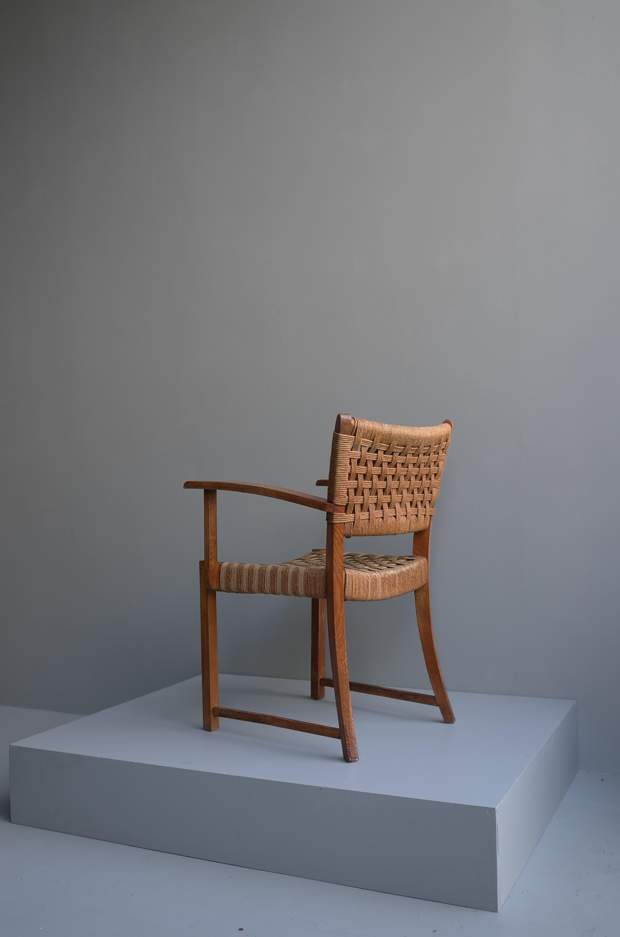 Sillón de roble macizo y cuerda, Moderno de mediados de siglo, Francia, Años 50 Soga en venta