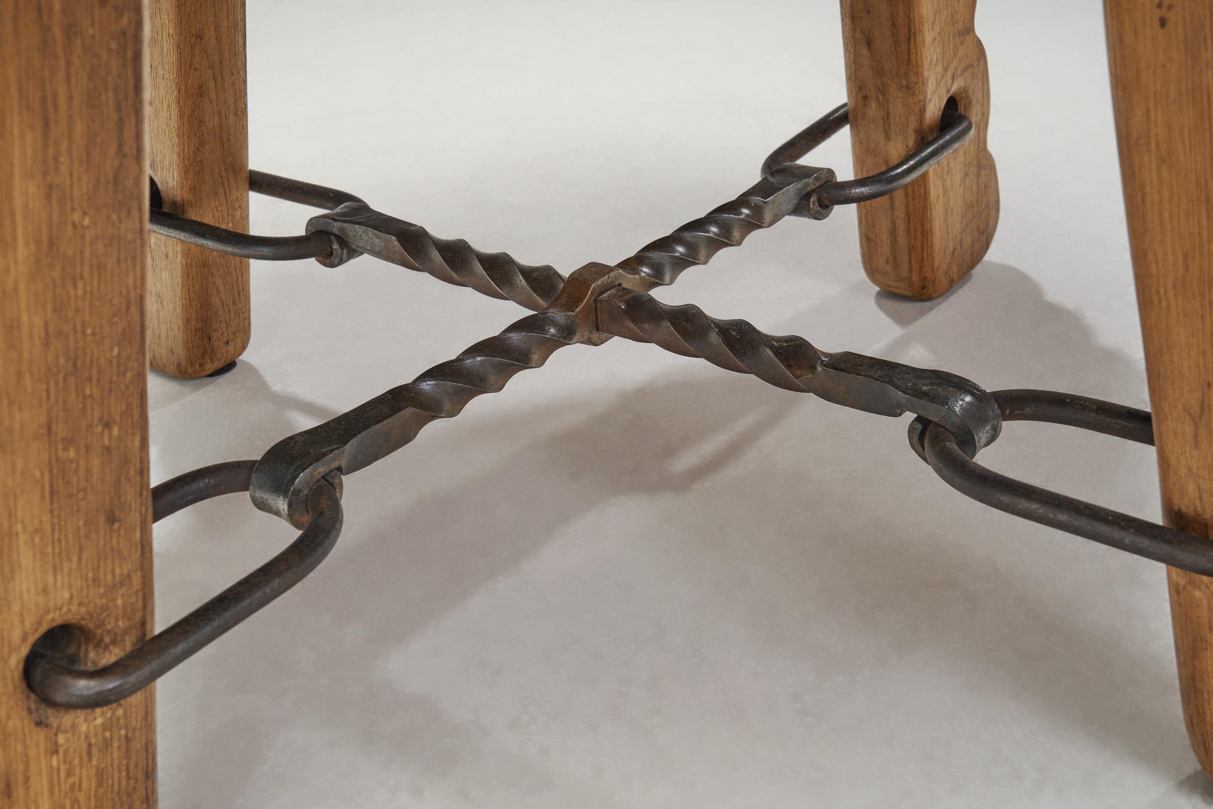 Solid Oak and Wrought Iron Coffee Table, France ca 1960s For Sale 8