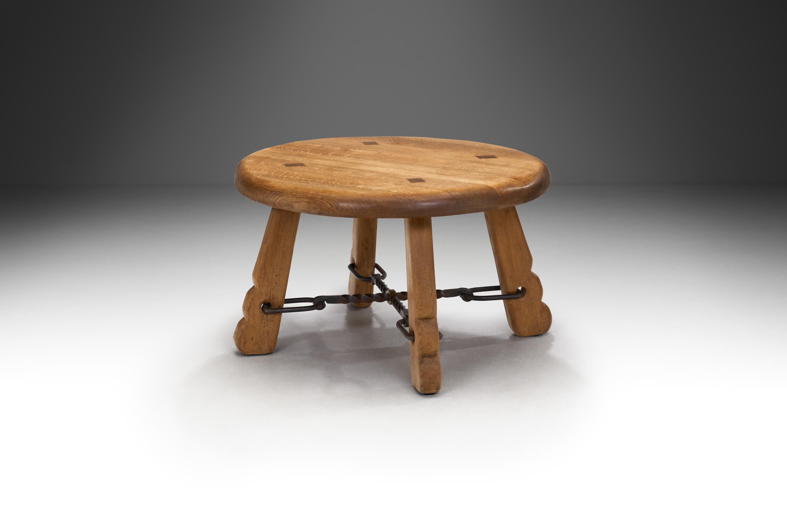 Mid-Century Modern Solid Oak and Wrought Iron Coffee Table, France ca 1960s For Sale