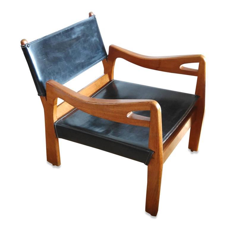 French Guillerme et Chambron Single Solid Oak & Leather Armchair, France 1960's For Sale