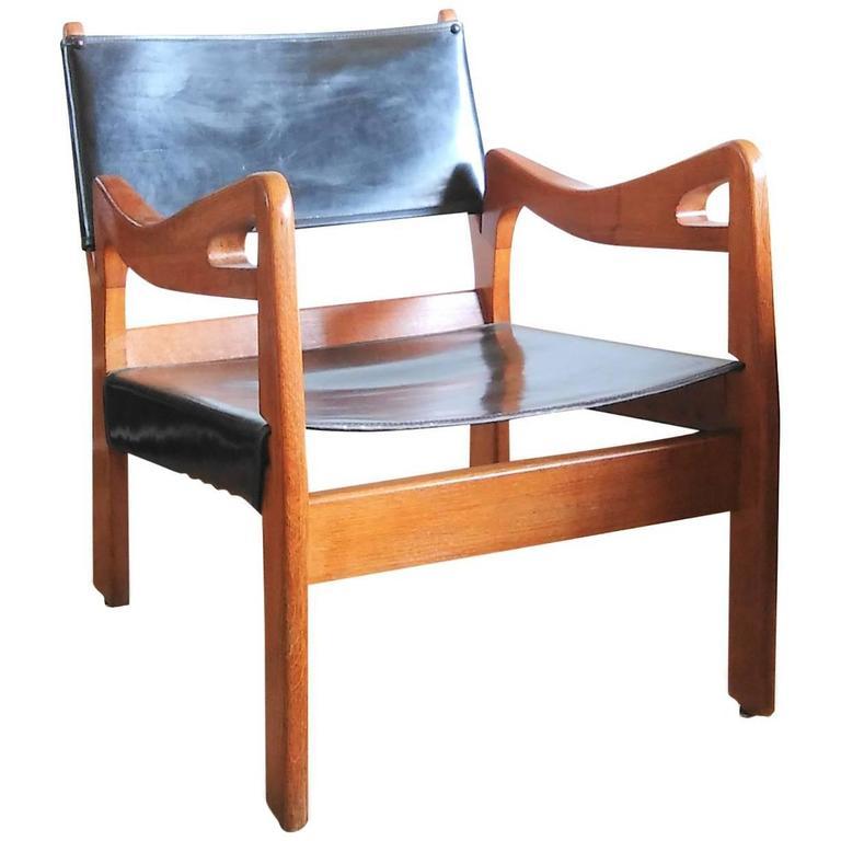 Guillerme et Chambron Single Solid Oak & Leather Armchair, France 1960's In Good Condition For Sale In New York, NY