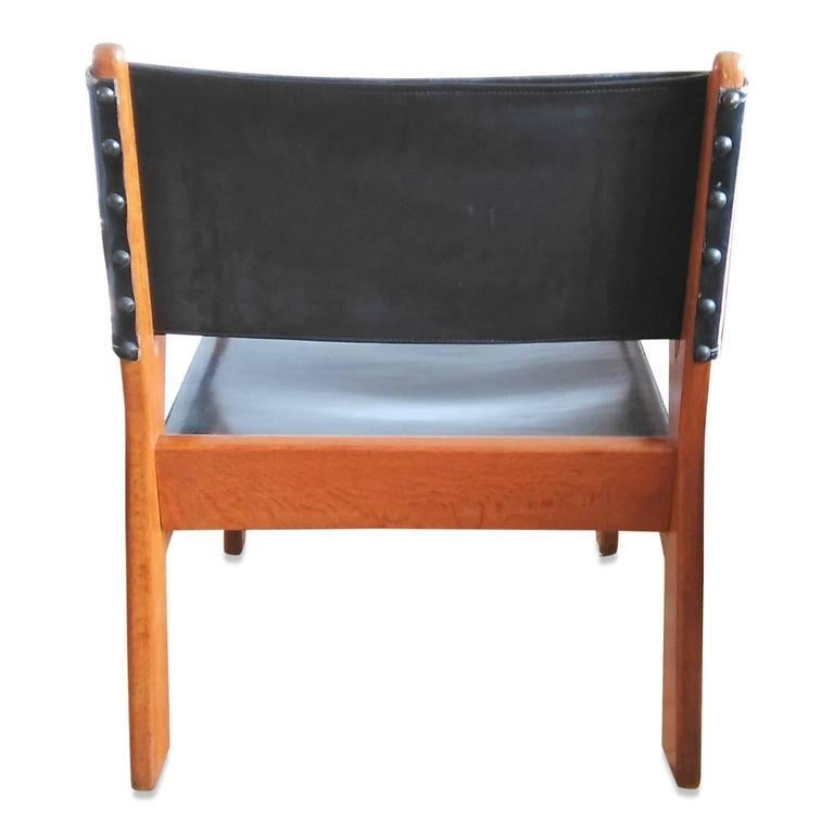 Faux Leather Guillerme et Chambron Single Solid Oak & Leather Armchair, France 1960's For Sale