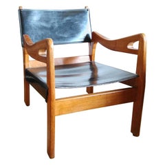 Guillerme et Chambron Single Solid Oak & Leather Armchair, France 1960's