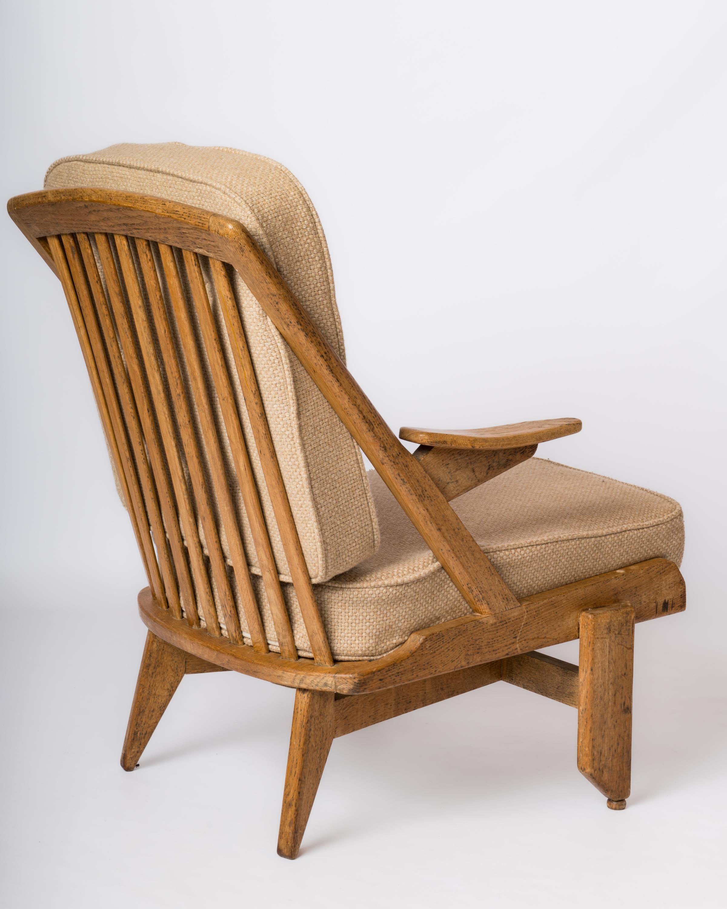 Mid-Century Modern Solid Oak Armchair by Guillerme & Chambron - France 1970's For Sale