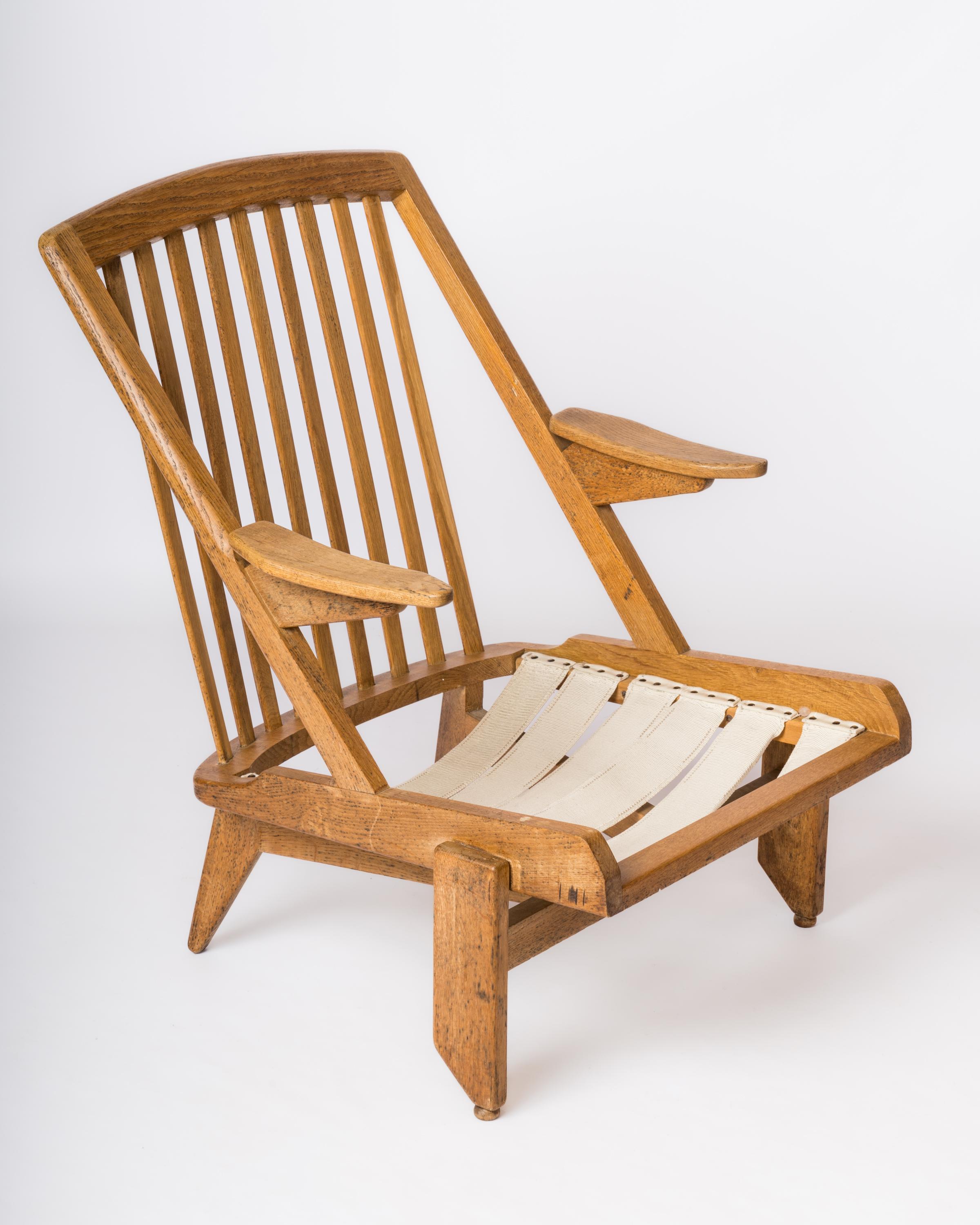 Solid Oak Armchair by Guillerme & Chambron - France 1970's In Fair Condition For Sale In New York, NY