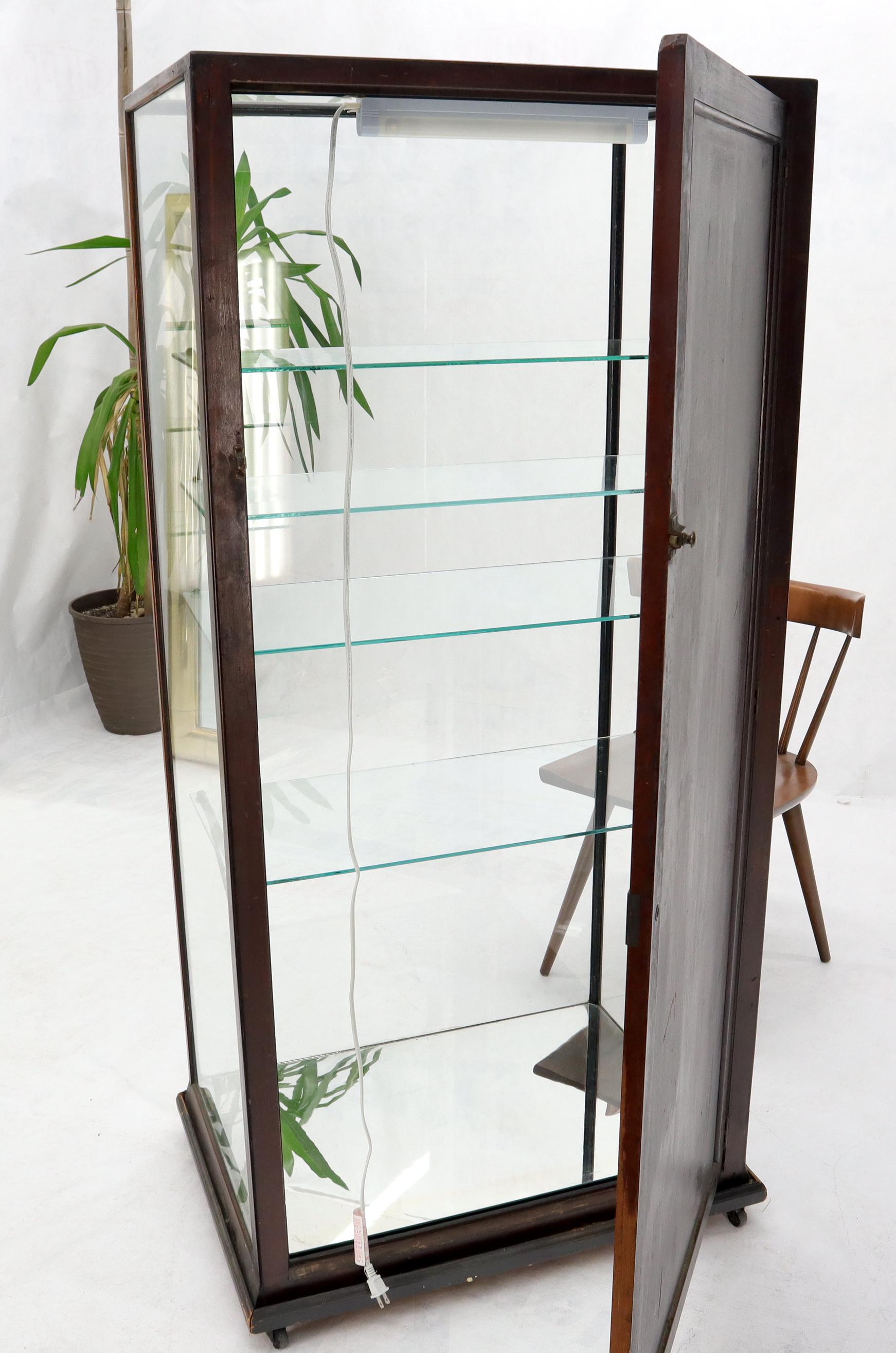 Mid-Century Modern solid oak frame adjustable glass shelves box shape curio display cabinet showcase.