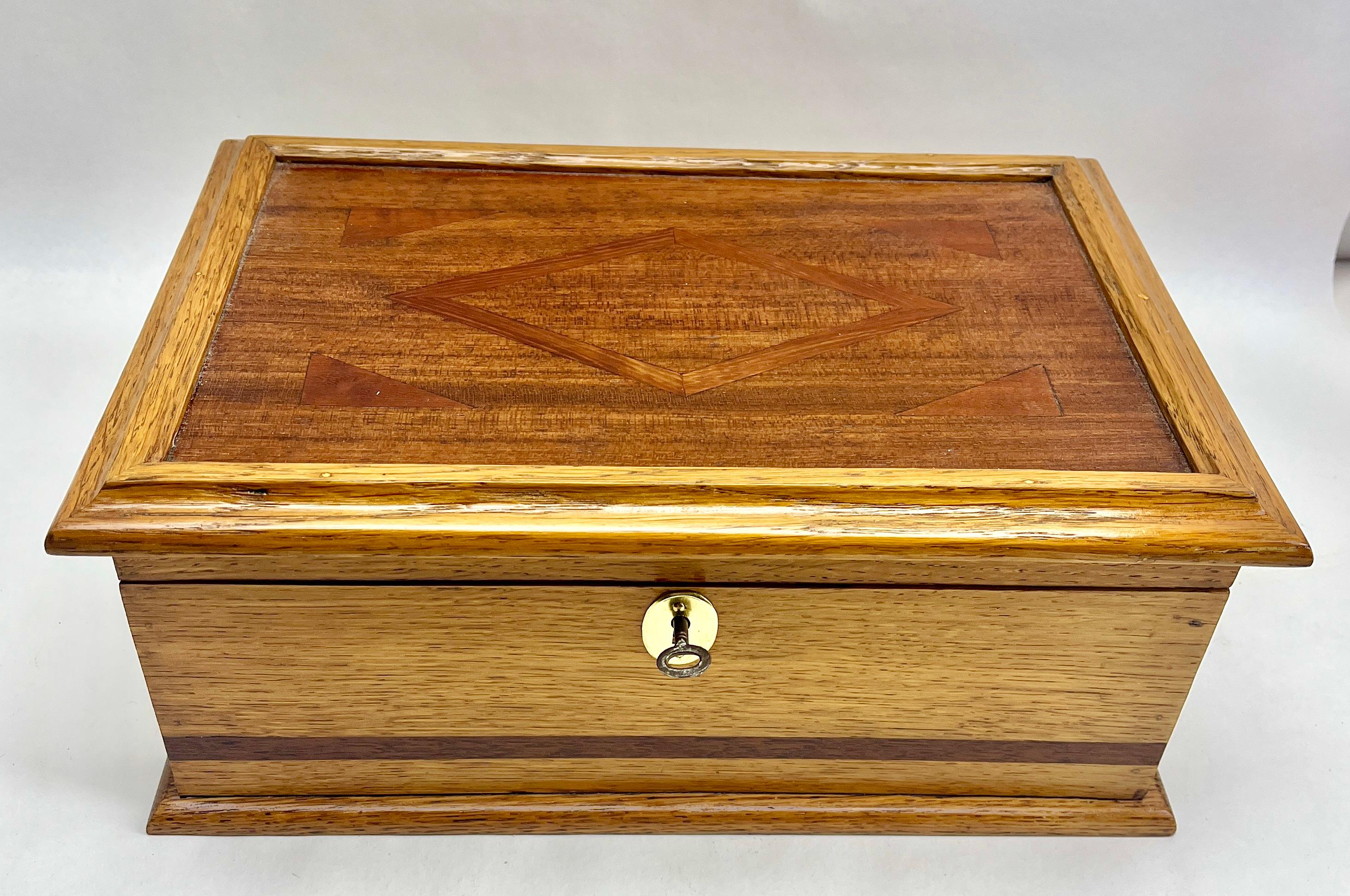 Solid Oak Arts & Crafts Box with Decorative Brass and Mirror circa 1910s For Sale 7